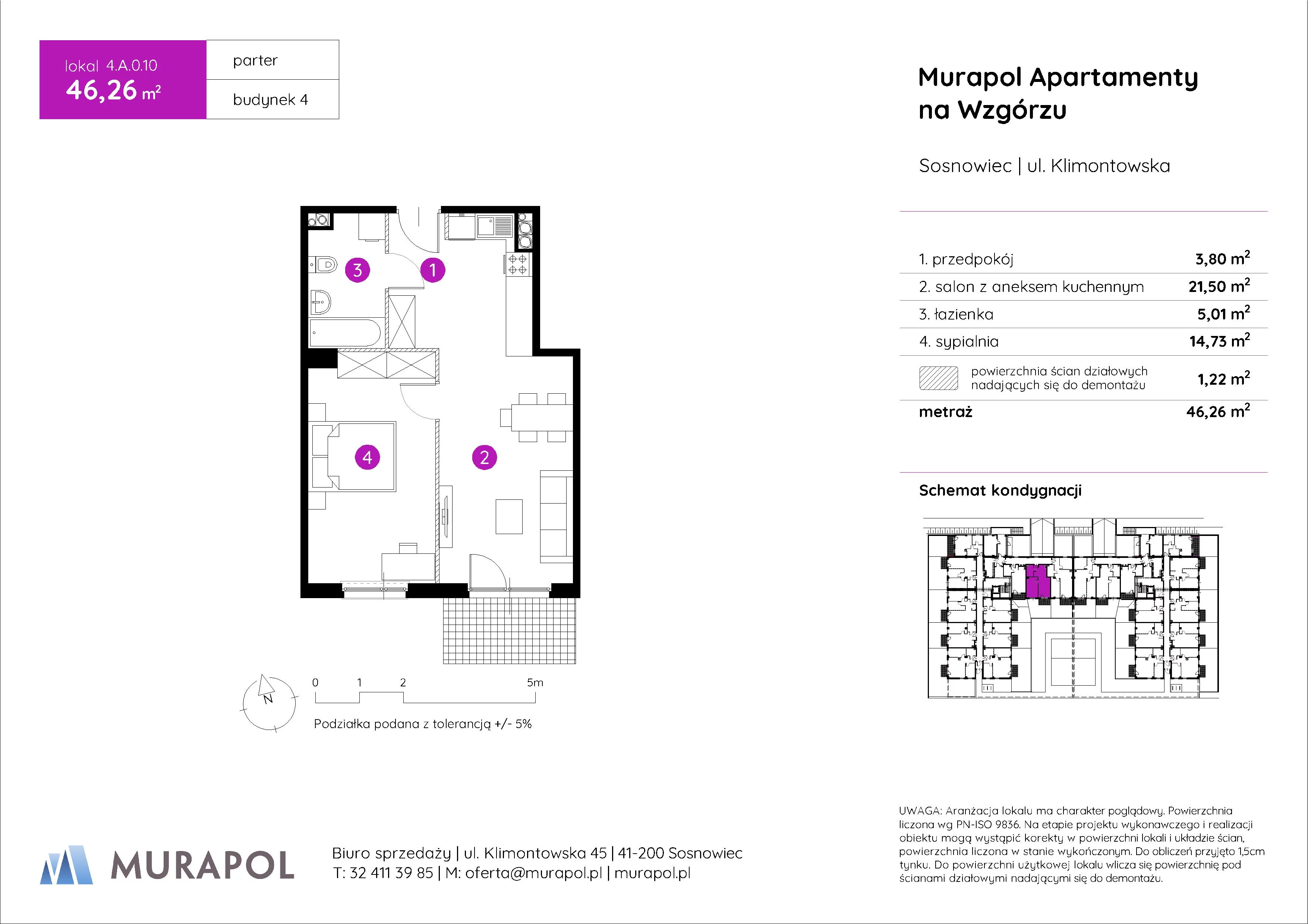 Mieszkanie 46,26 m², parter, oferta nr 4.A.0.10, Murapol Apartamenty Na Wzgórzu, Sosnowiec, Klimontów, ul. Klimontowska 45