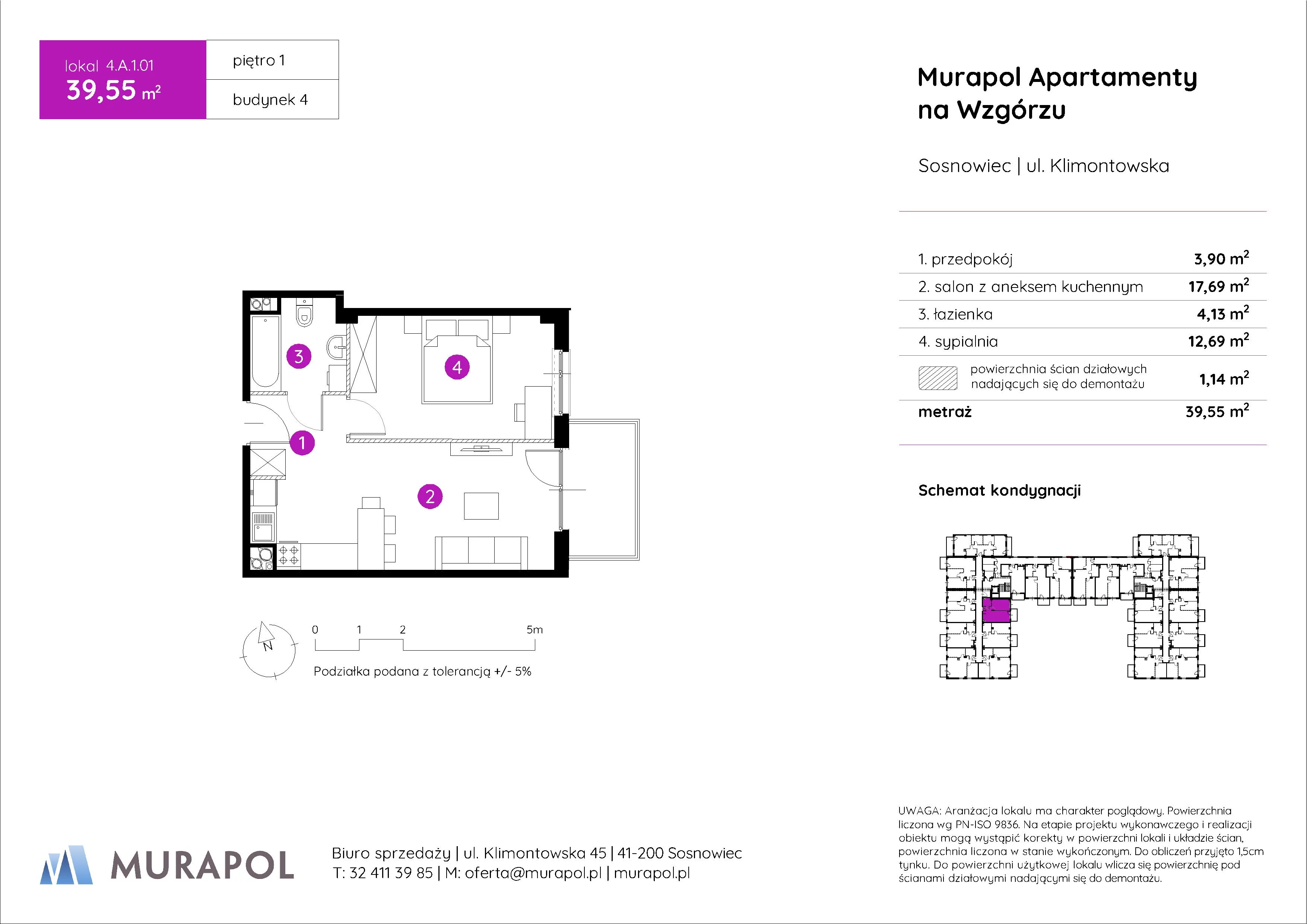 Mieszkanie 39,55 m², piętro 1, oferta nr 4.A.1.01, Murapol Apartamenty Na Wzgórzu, Sosnowiec, Klimontów, ul. Klimontowska 45