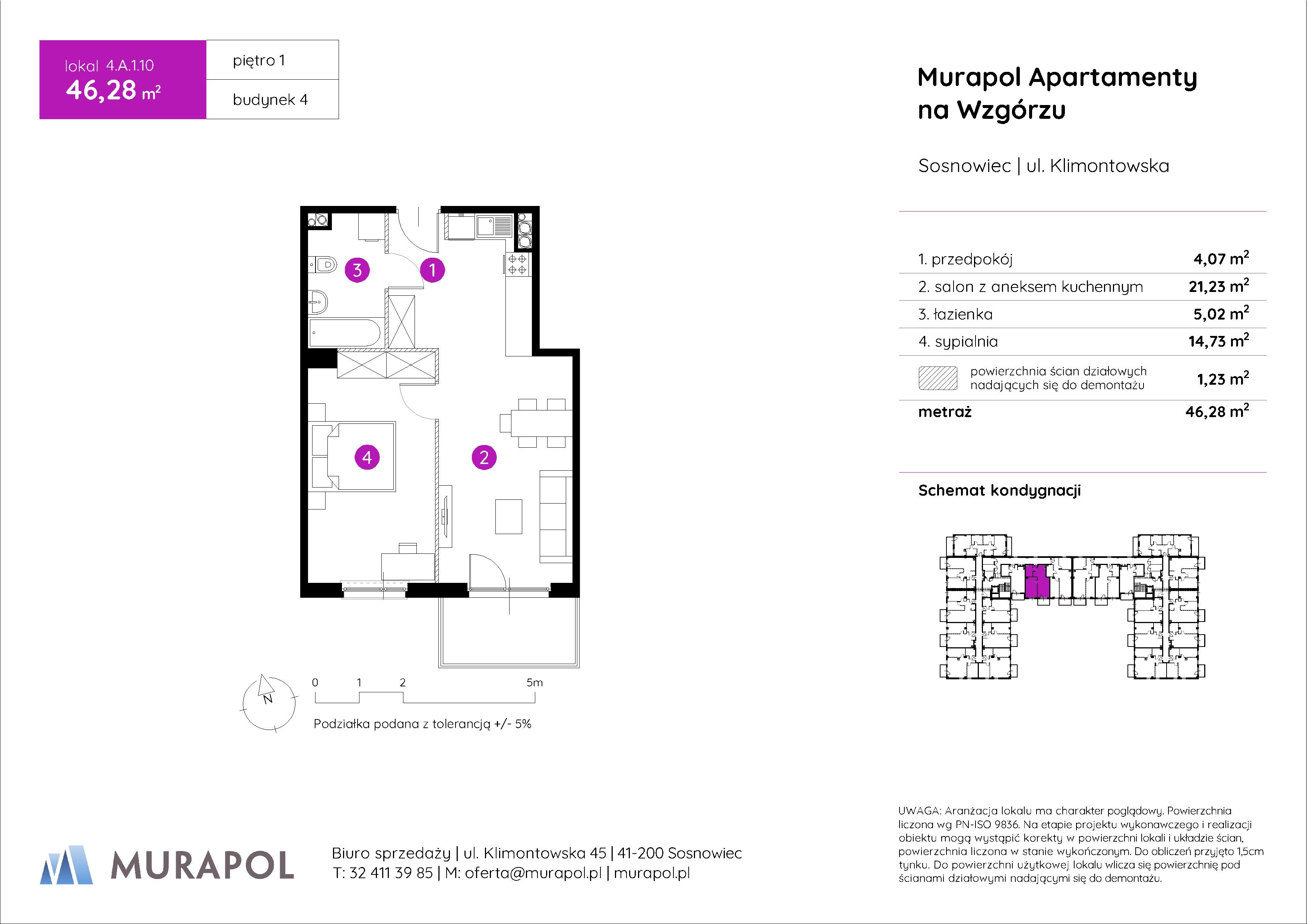 Mieszkanie 46,28 m², piętro 1, oferta nr 4.A.1.10, Murapol Apartamenty Na Wzgórzu, Sosnowiec, Klimontów, ul. Klimontowska 45