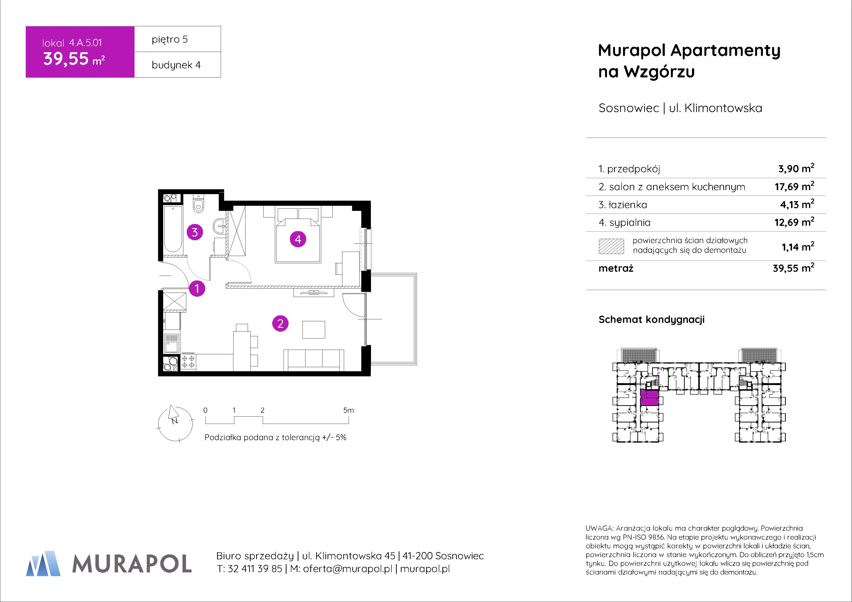 2 pokoje, mieszkanie 39,55 m², piętro 5, oferta nr 4.A.5.01, Murapol Apartamenty Na Wzgórzu, Sosnowiec, Klimontów, ul. Klimontowska 45