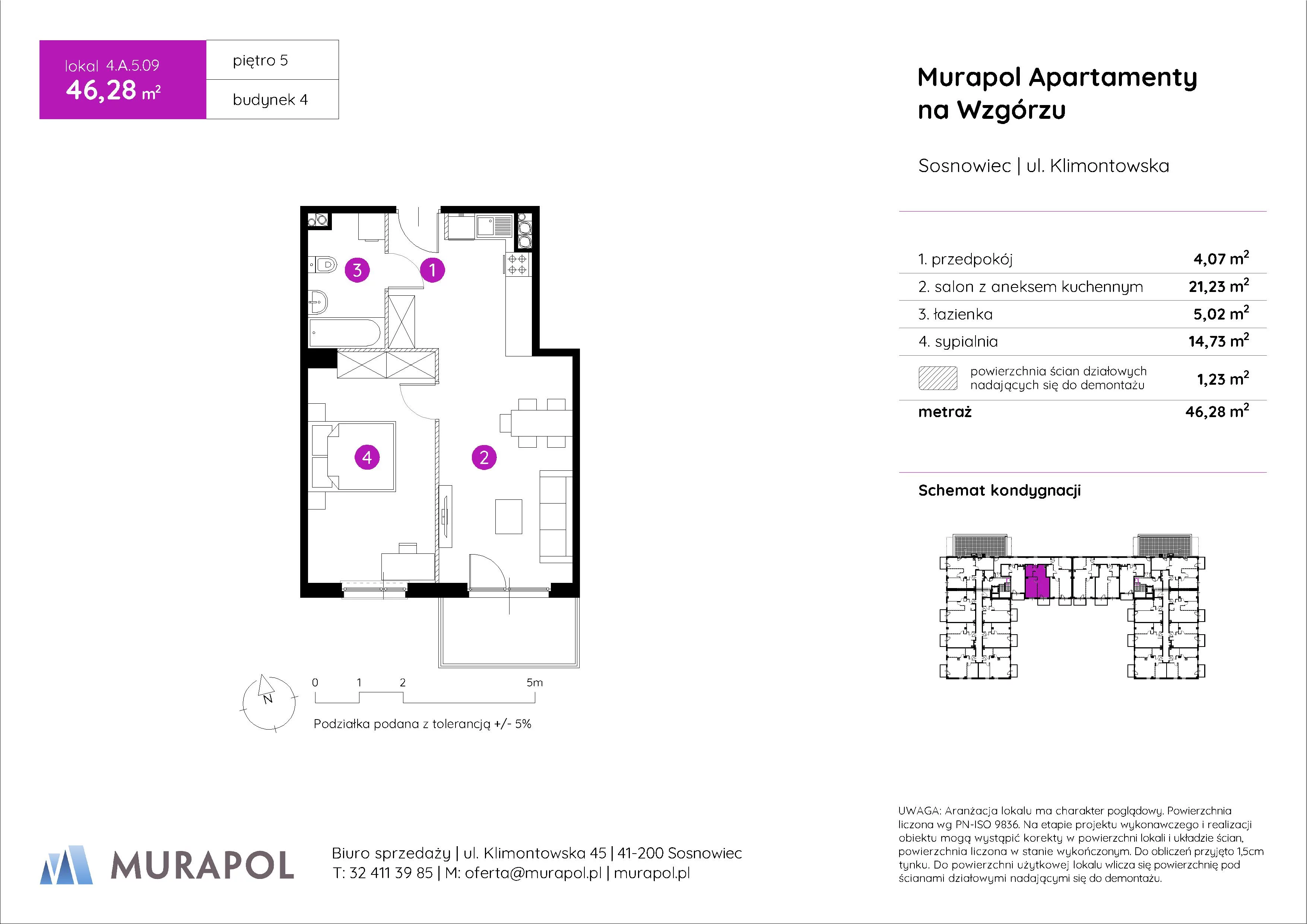 Mieszkanie 46,28 m², piętro 5, oferta nr 4.A.5.09, Murapol Apartamenty Na Wzgórzu, Sosnowiec, Klimontów, ul. Klimontowska 45