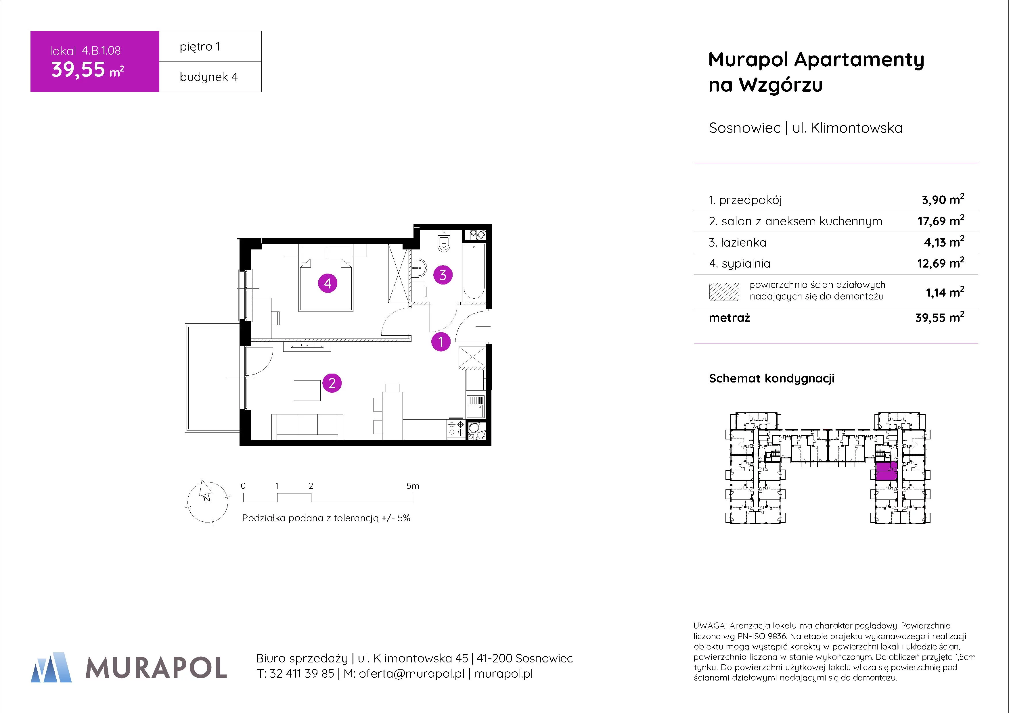 Mieszkanie 39,55 m², piętro 1, oferta nr 4.B.1.08, Murapol Apartamenty Na Wzgórzu, Sosnowiec, Klimontów, ul. Klimontowska 45