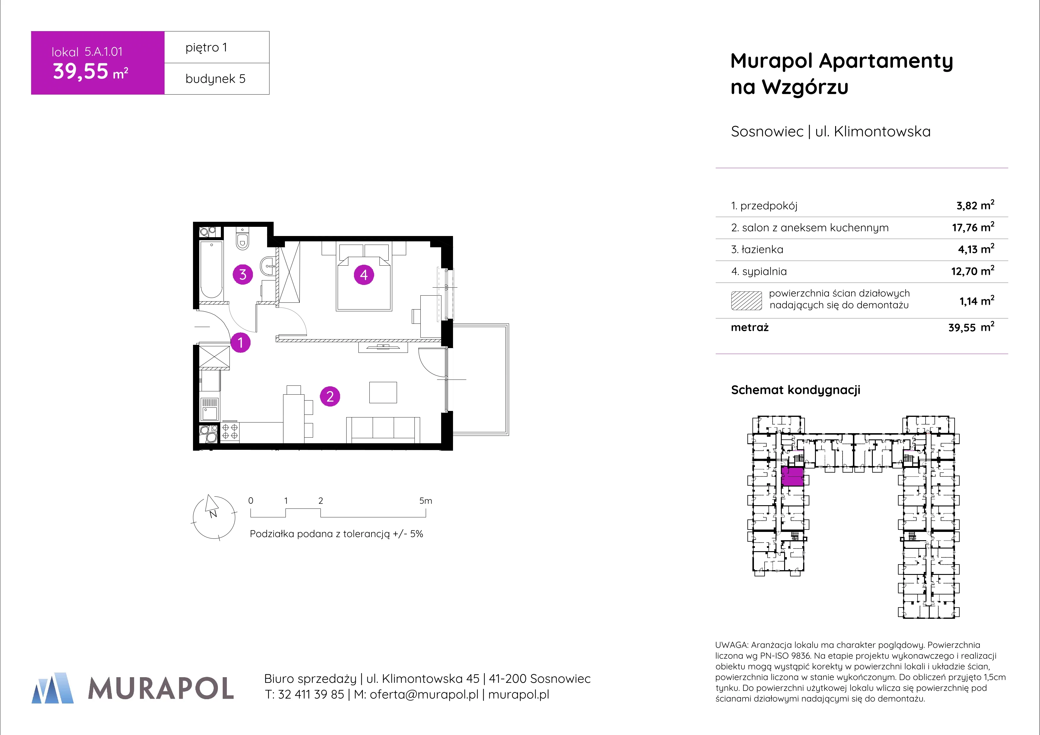 2 pokoje, mieszkanie 39,55 m², piętro 1, oferta nr 5.A.1.01, Murapol Apartamenty Na Wzgórzu, Sosnowiec, Klimontów, ul. Klimontowska 45