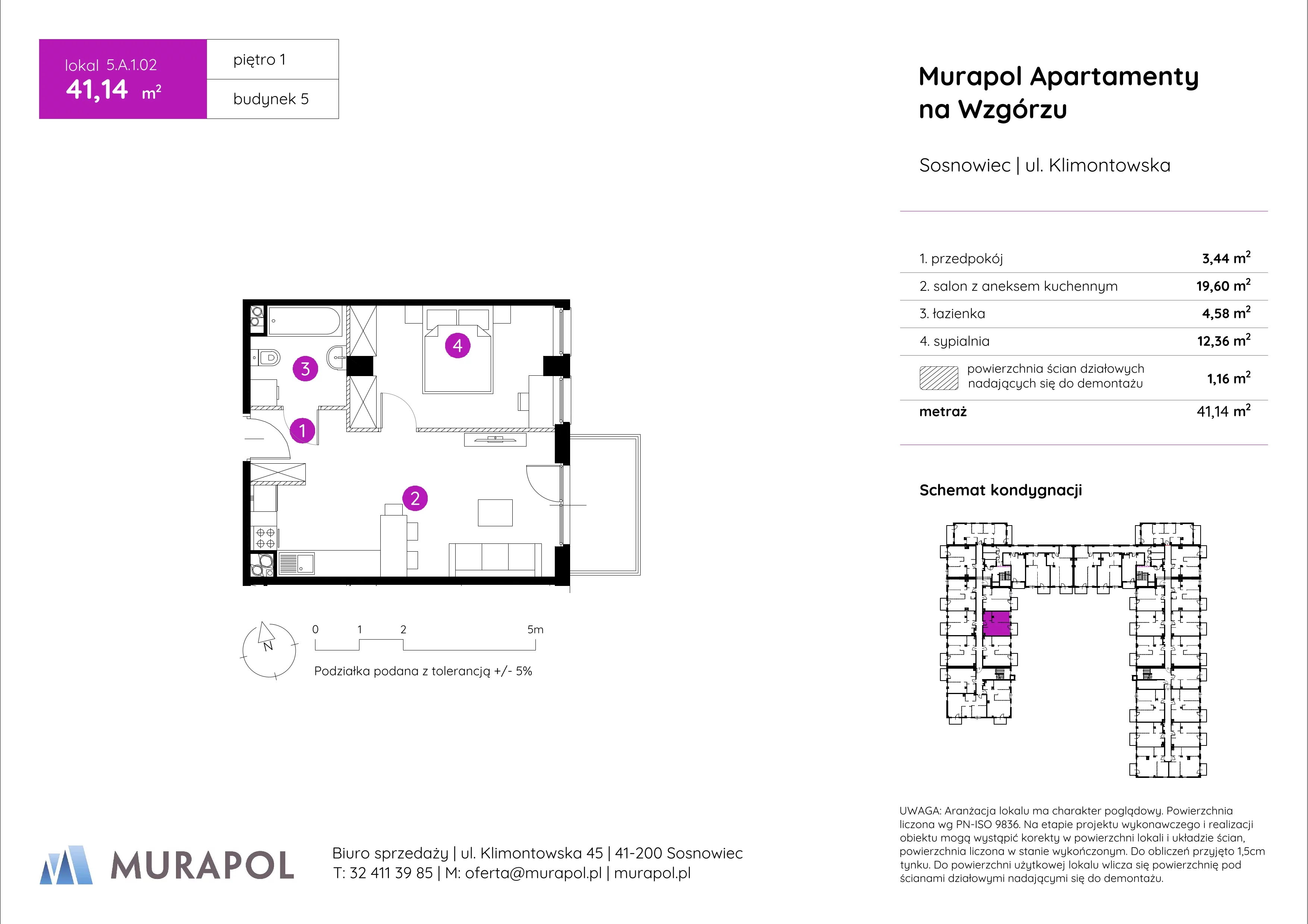 2 pokoje, mieszkanie 41,14 m², piętro 1, oferta nr 5.A.1.02, Murapol Apartamenty Na Wzgórzu, Sosnowiec, Klimontów, ul. Klimontowska 45