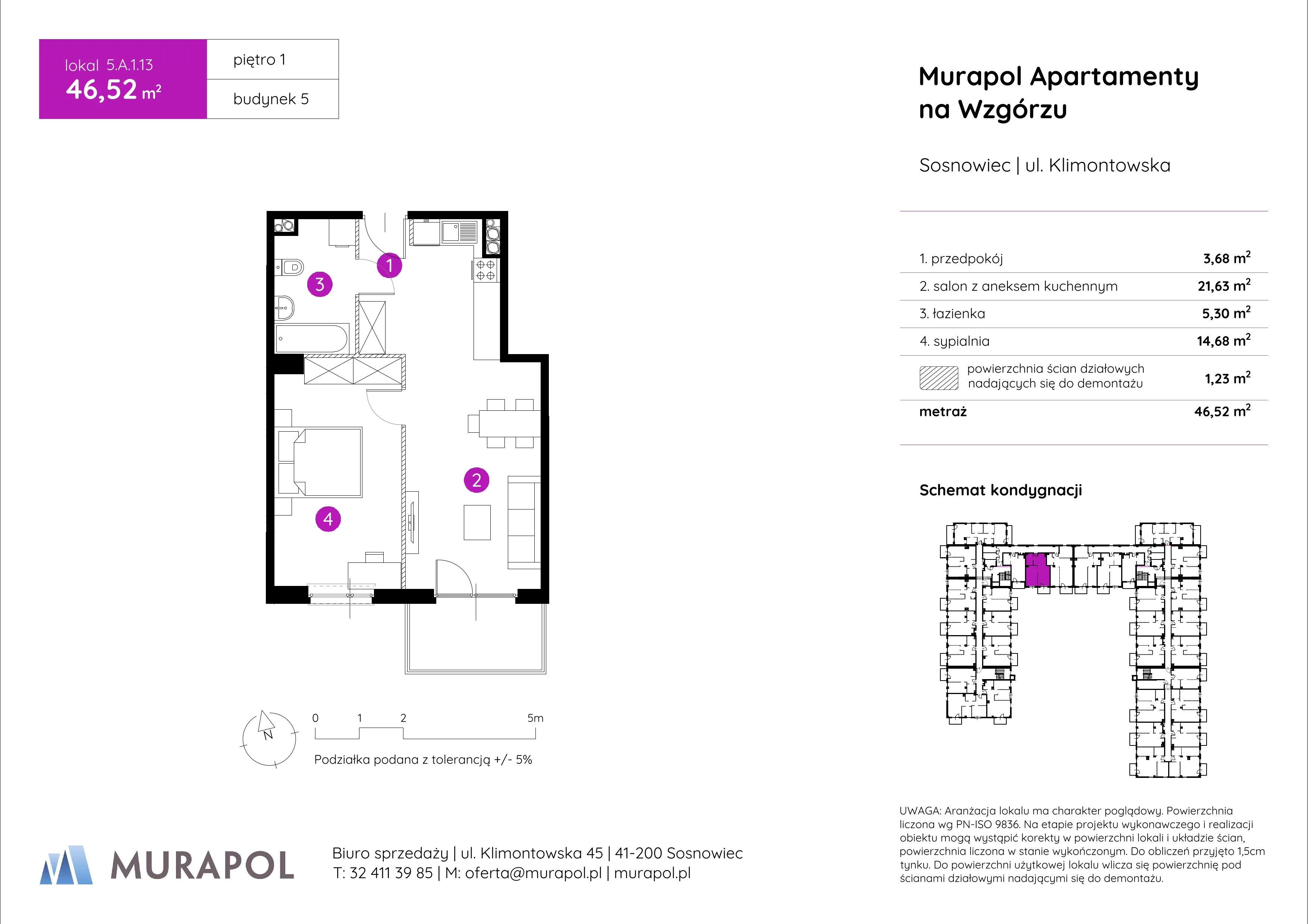 2 pokoje, mieszkanie 46,52 m², piętro 1, oferta nr 5.A.1.13, Murapol Apartamenty Na Wzgórzu, Sosnowiec, Klimontów, ul. Klimontowska 45