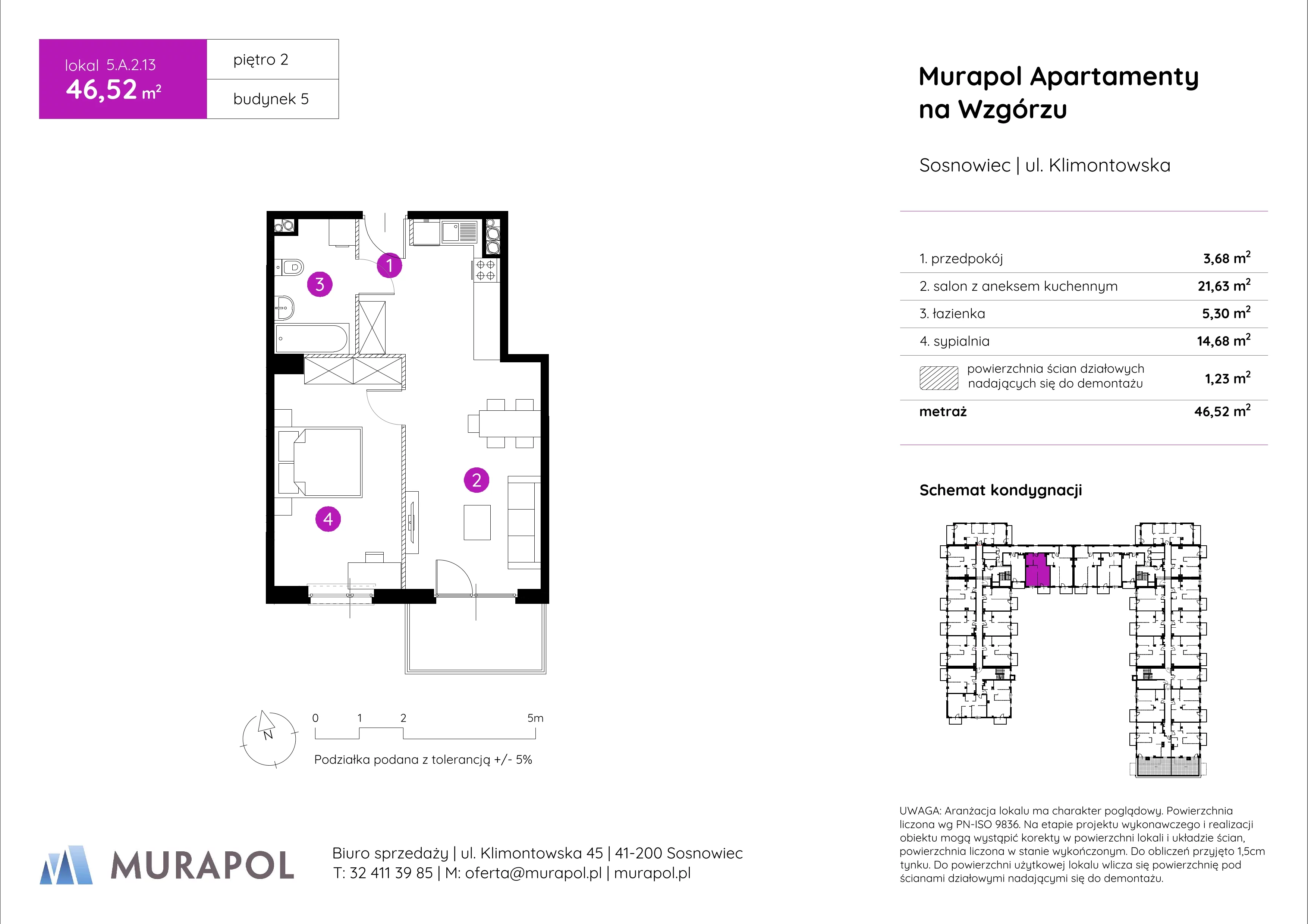 2 pokoje, mieszkanie 46,52 m², piętro 2, oferta nr 5.A.2.13, Murapol Apartamenty Na Wzgórzu, Sosnowiec, Klimontów, ul. Klimontowska 45