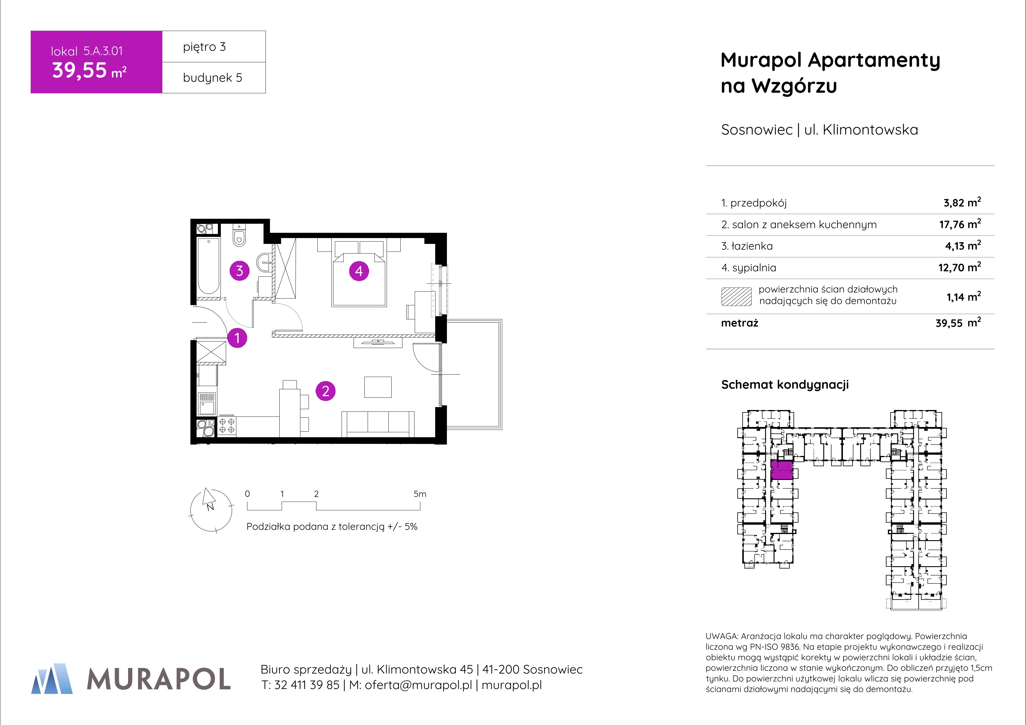 2 pokoje, mieszkanie 39,55 m², piętro 3, oferta nr 5.A.3.01, Murapol Apartamenty Na Wzgórzu, Sosnowiec, Klimontów, ul. Klimontowska 45