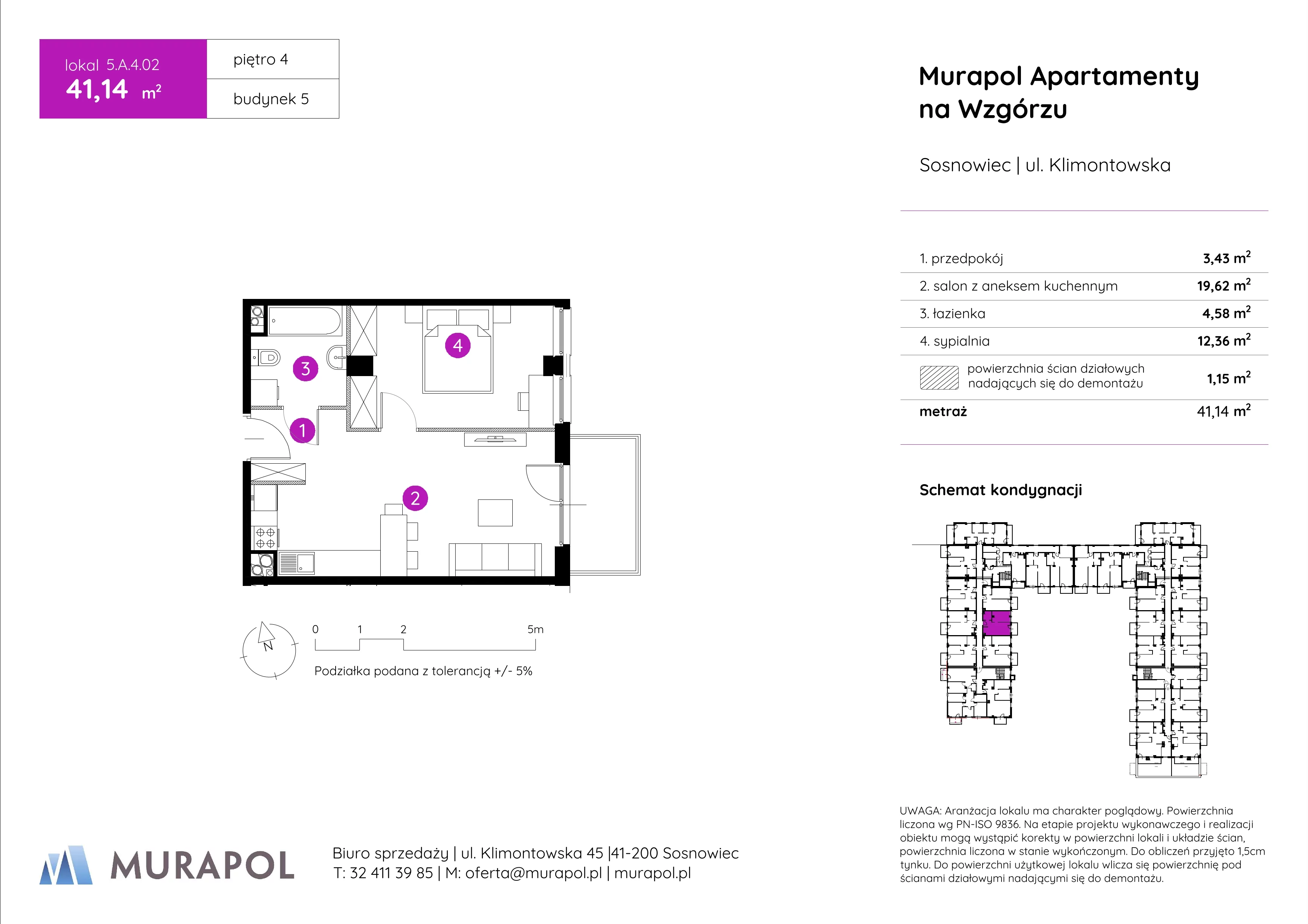 Mieszkanie 41,14 m², piętro 4, oferta nr 5.A.4.02, Murapol Apartamenty Na Wzgórzu, Sosnowiec, Klimontów, ul. Klimontowska 45