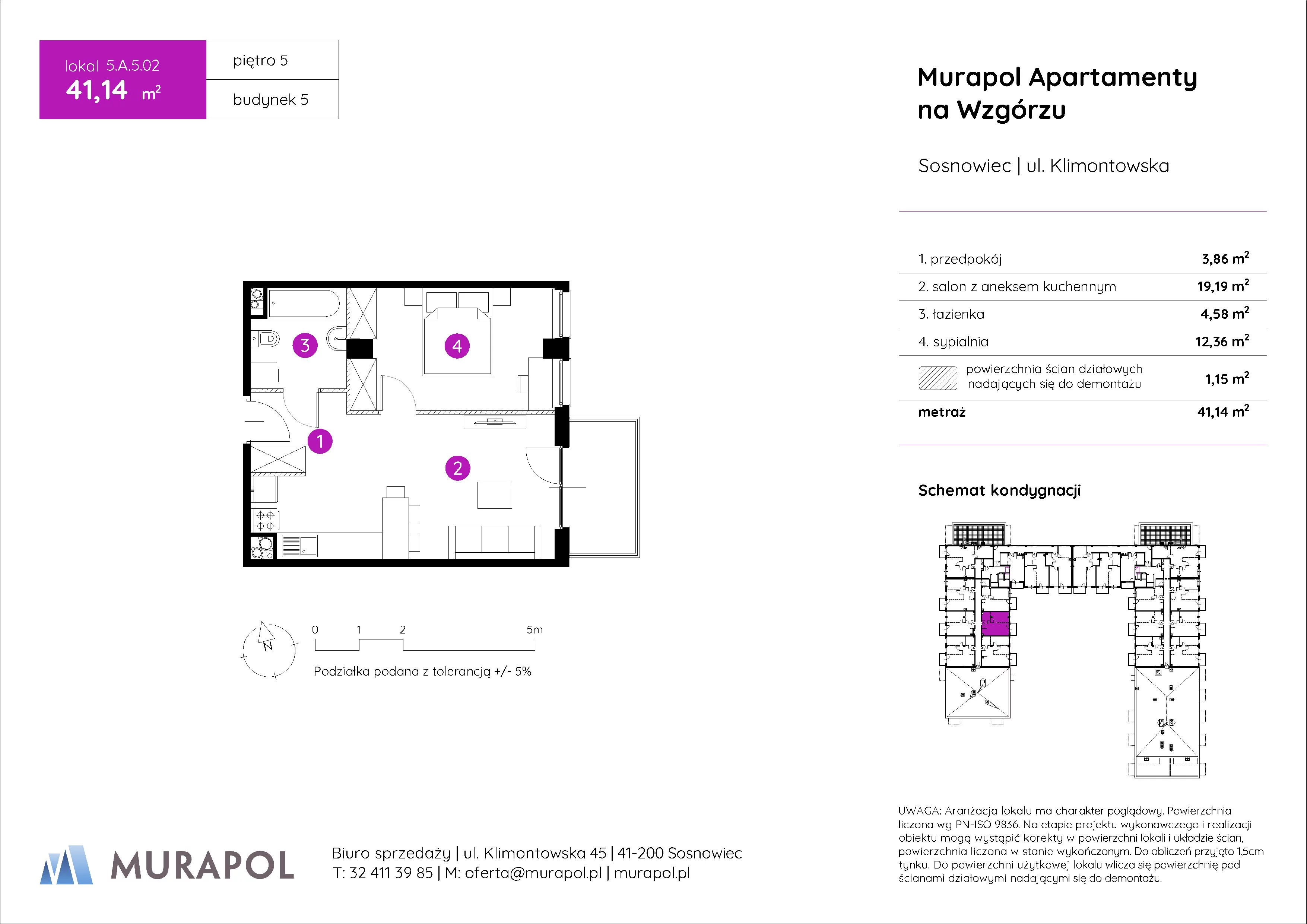 2 pokoje, mieszkanie 41,14 m², piętro 5, oferta nr 5.A.5.02, Murapol Apartamenty Na Wzgórzu, Sosnowiec, Klimontów, ul. Klimontowska 45