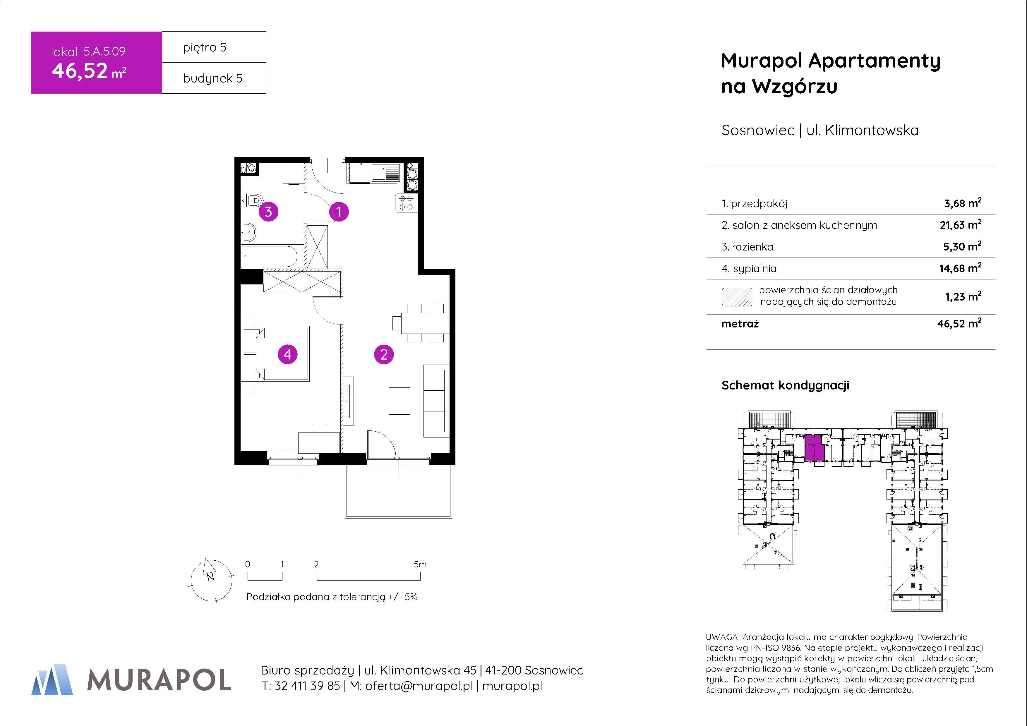 Mieszkanie 46,52 m², piętro 5, oferta nr 5.A.5.09, Murapol Apartamenty Na Wzgórzu, Sosnowiec, Klimontów, ul. Klimontowska 45