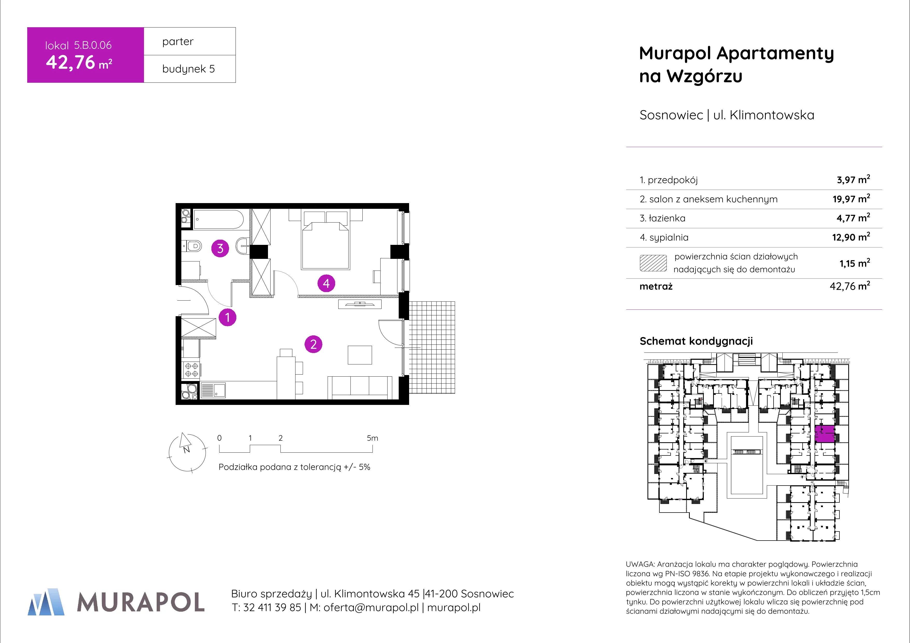 2 pokoje, mieszkanie 42,76 m², parter, oferta nr 5.B.0.06, Murapol Apartamenty Na Wzgórzu, Sosnowiec, Klimontów, ul. Klimontowska 45