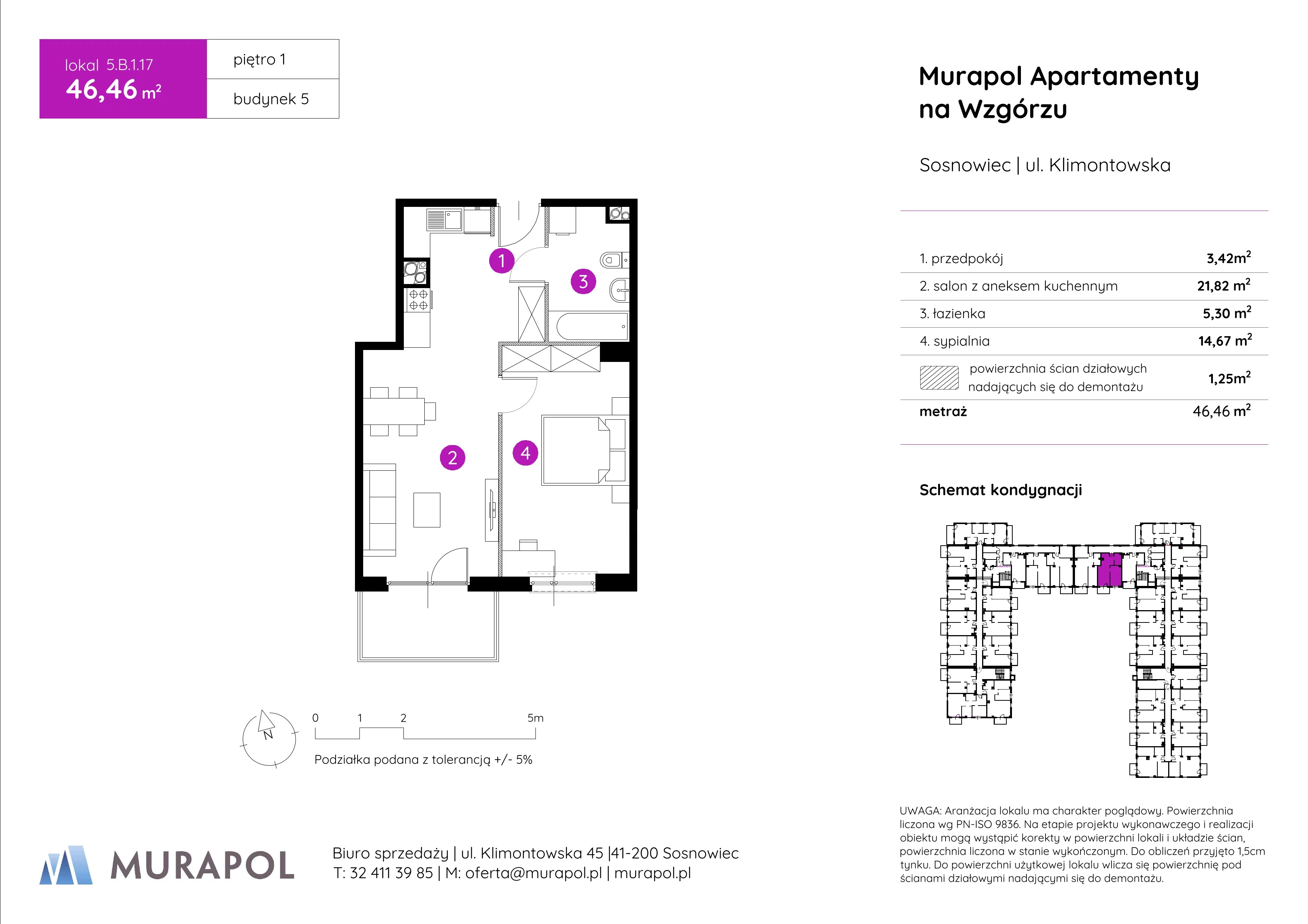 Mieszkanie 46,46 m², piętro 1, oferta nr 5.B.1.17, Murapol Apartamenty Na Wzgórzu, Sosnowiec, Klimontów, ul. Klimontowska 45