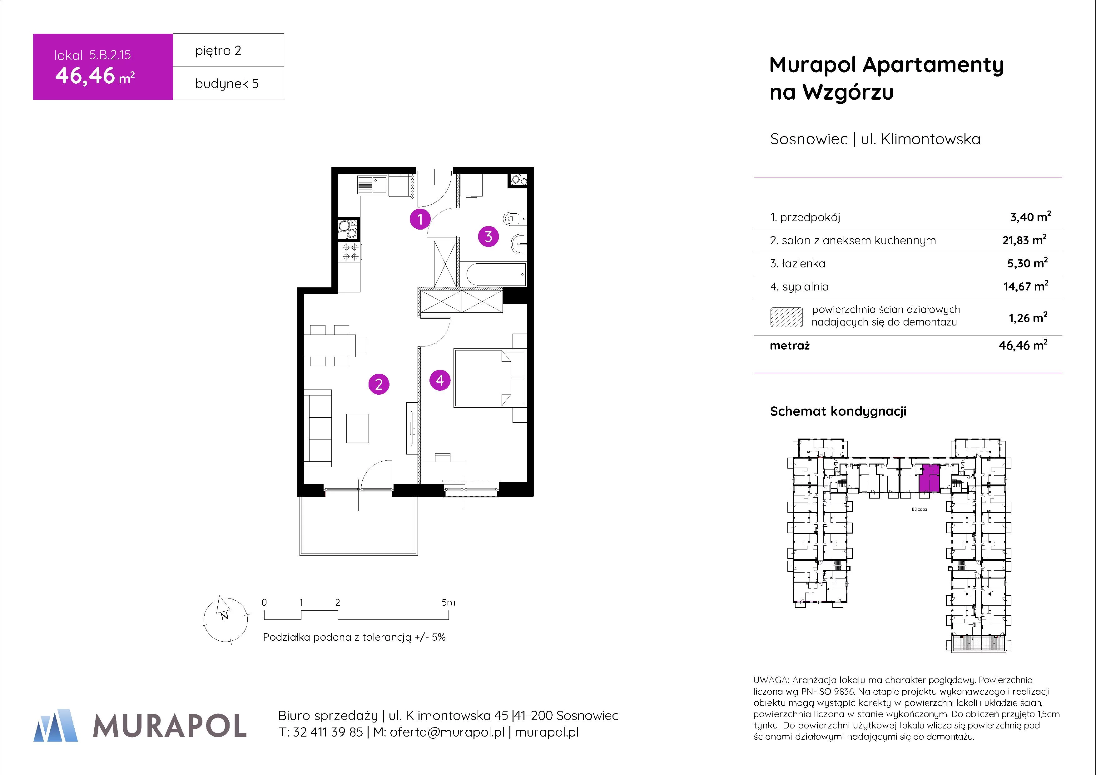 Mieszkanie 46,46 m², piętro 2, oferta nr 5.B.2.15, Murapol Apartamenty Na Wzgórzu, Sosnowiec, Klimontów, ul. Klimontowska 45