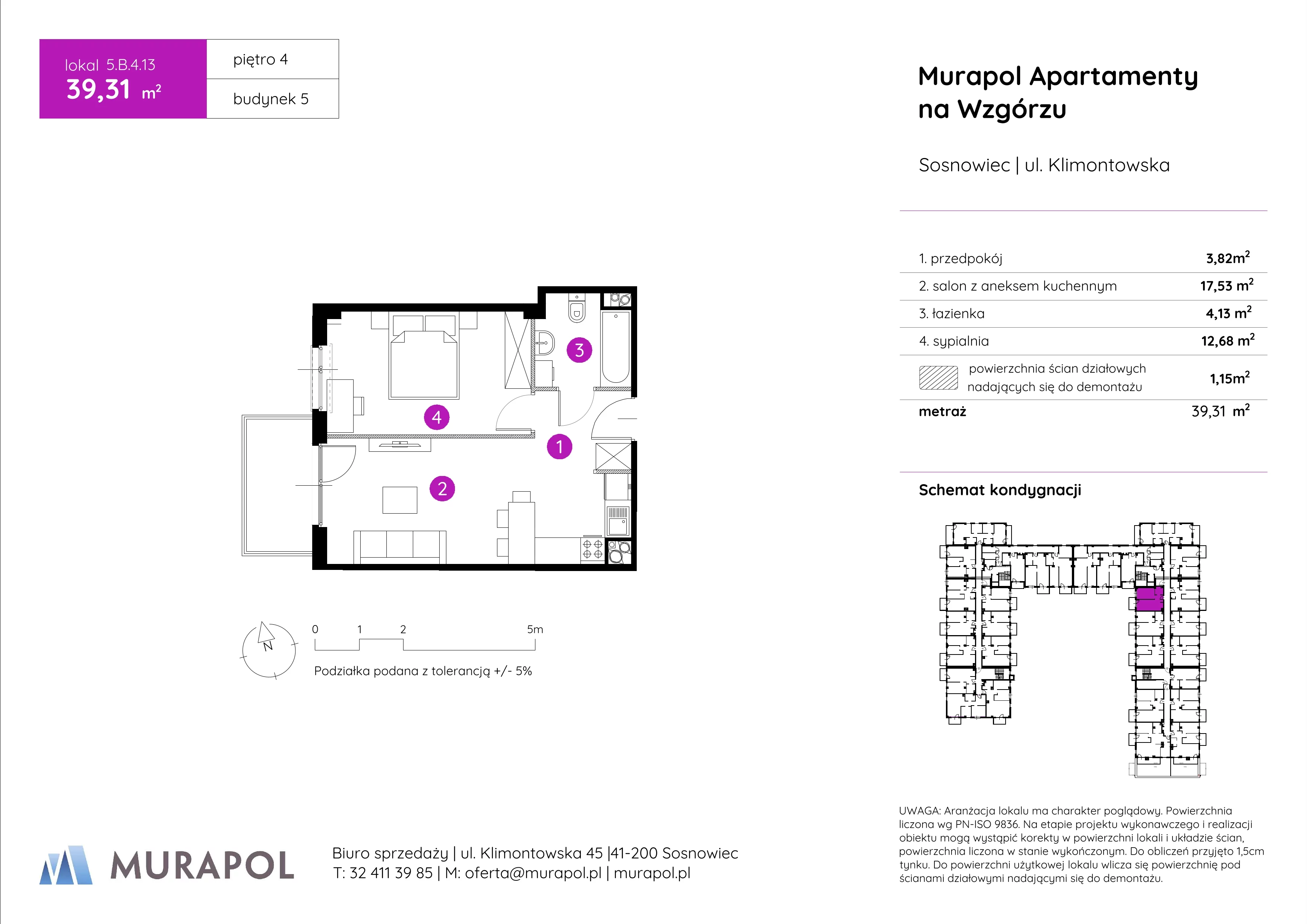 2 pokoje, mieszkanie 39,31 m², piętro 4, oferta nr 5.B.4.13, Murapol Apartamenty Na Wzgórzu, Sosnowiec, Klimontów, ul. Klimontowska 45