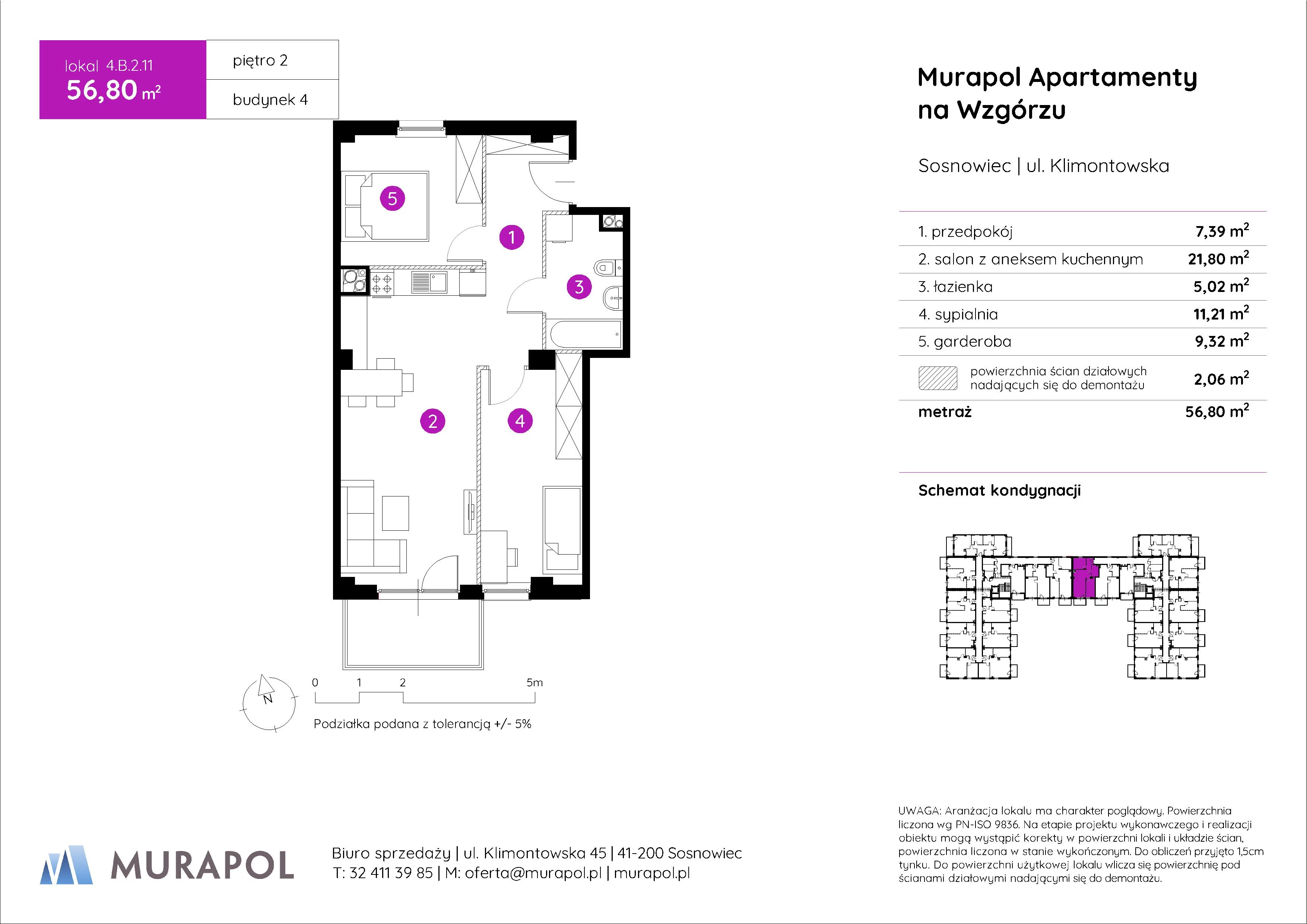 2 pokoje, mieszkanie 56,80 m², piętro 2, oferta nr 4.B.2.11, Murapol Apartamenty Na Wzgórzu, Sosnowiec, Klimontów, ul. Klimontowska 45