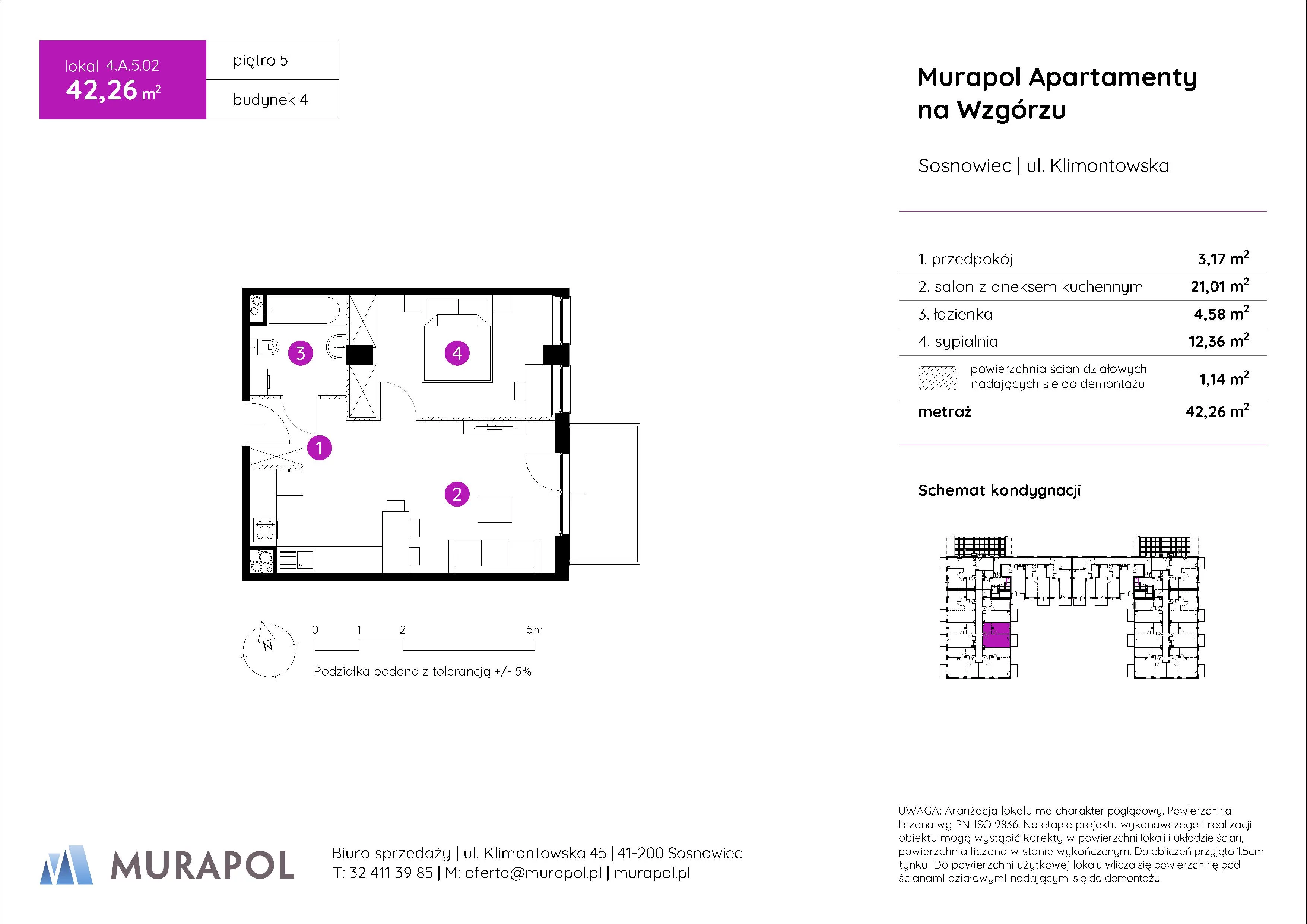 2 pokoje, mieszkanie 42,26 m², piętro 5, oferta nr 4.A.5.02, Murapol Apartamenty Na Wzgórzu, Sosnowiec, Klimontów, ul. Klimontowska 45