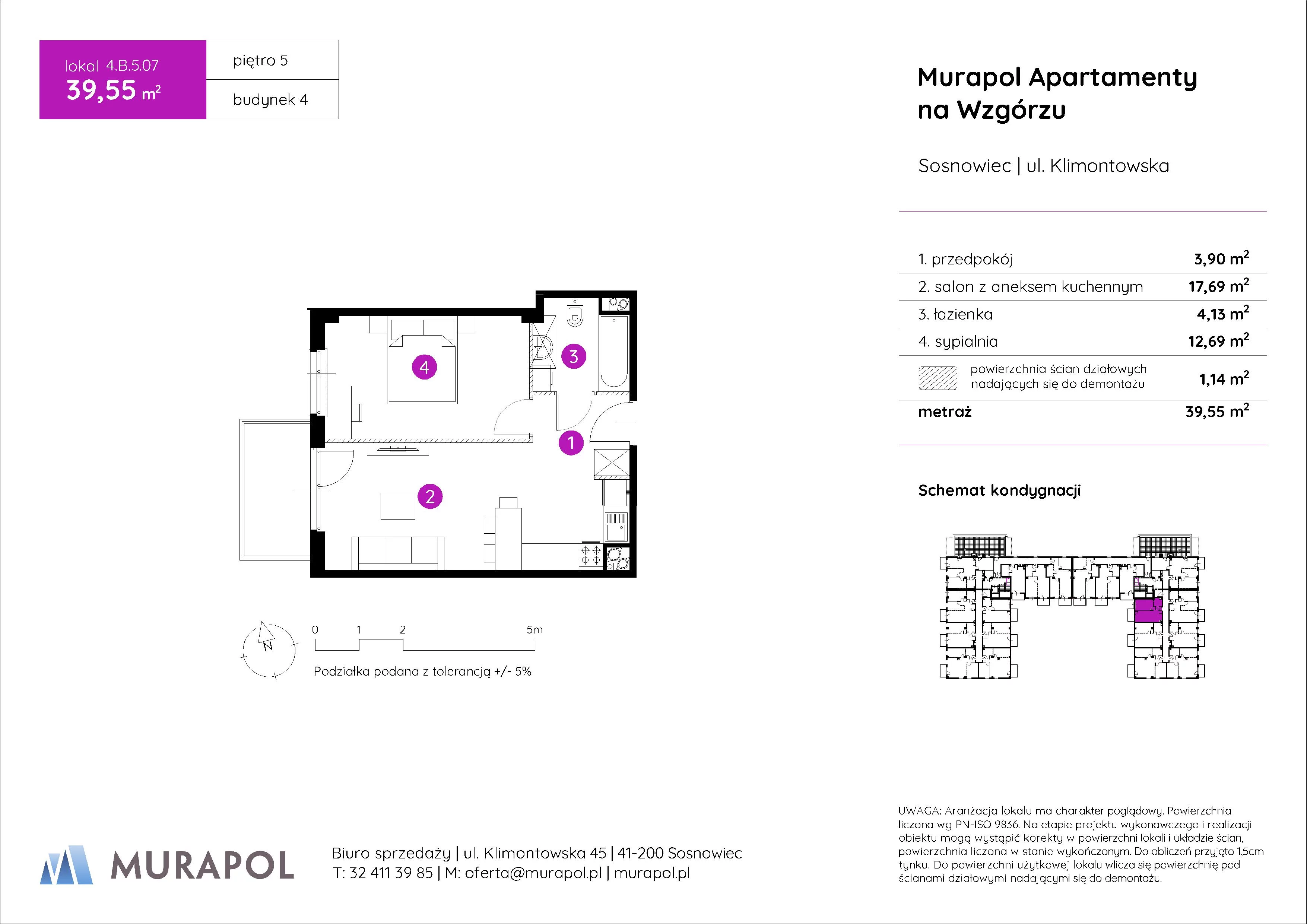 2 pokoje, mieszkanie 39,55 m², piętro 5, oferta nr 4.B.5.07, Murapol Apartamenty Na Wzgórzu, Sosnowiec, Klimontów, ul. Klimontowska 45