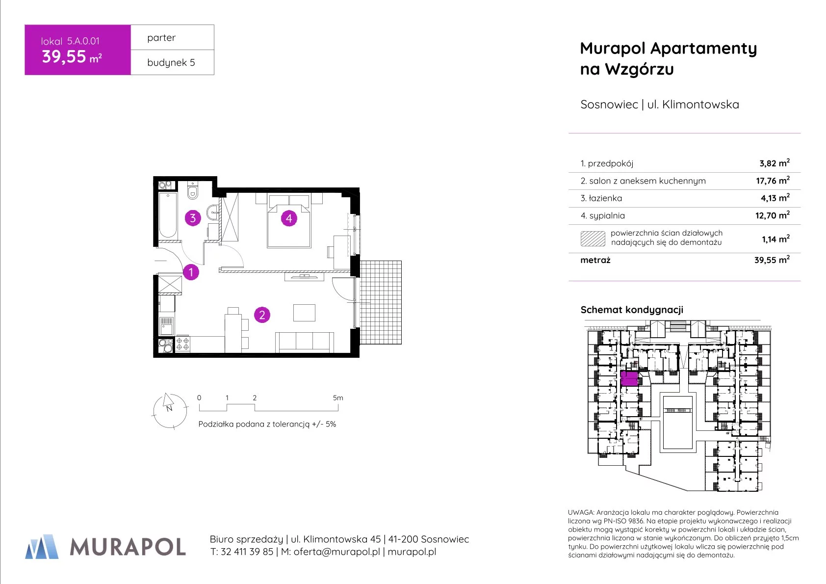 2 pokoje, mieszkanie 39,55 m², parter, oferta nr 5.A.0.01, Murapol Apartamenty Na Wzgórzu, Sosnowiec, Klimontów, ul. Klimontowska 45