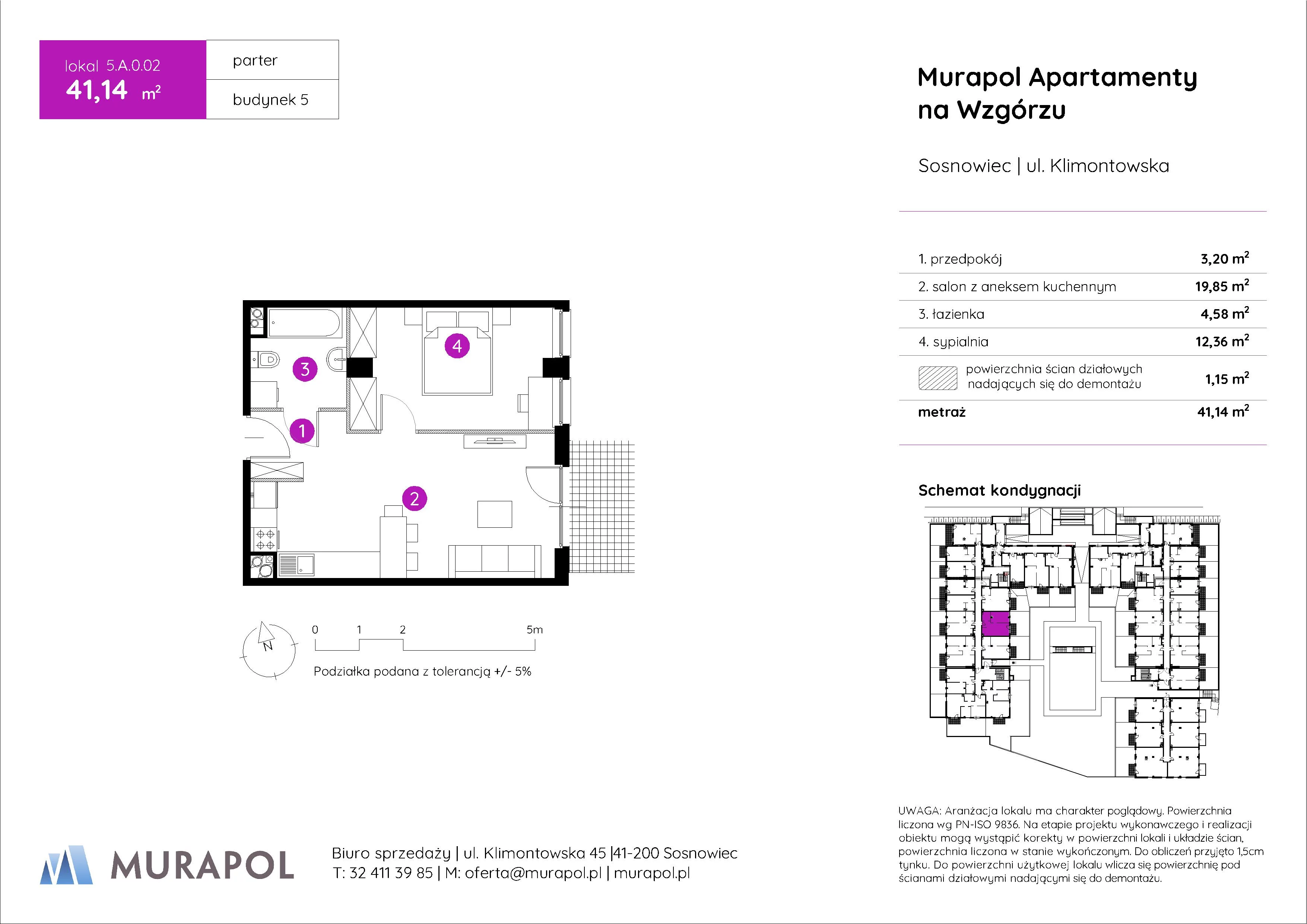 2 pokoje, mieszkanie 41,14 m², parter, oferta nr 5.A.0.02, Murapol Apartamenty Na Wzgórzu, Sosnowiec, Klimontów, ul. Klimontowska 45