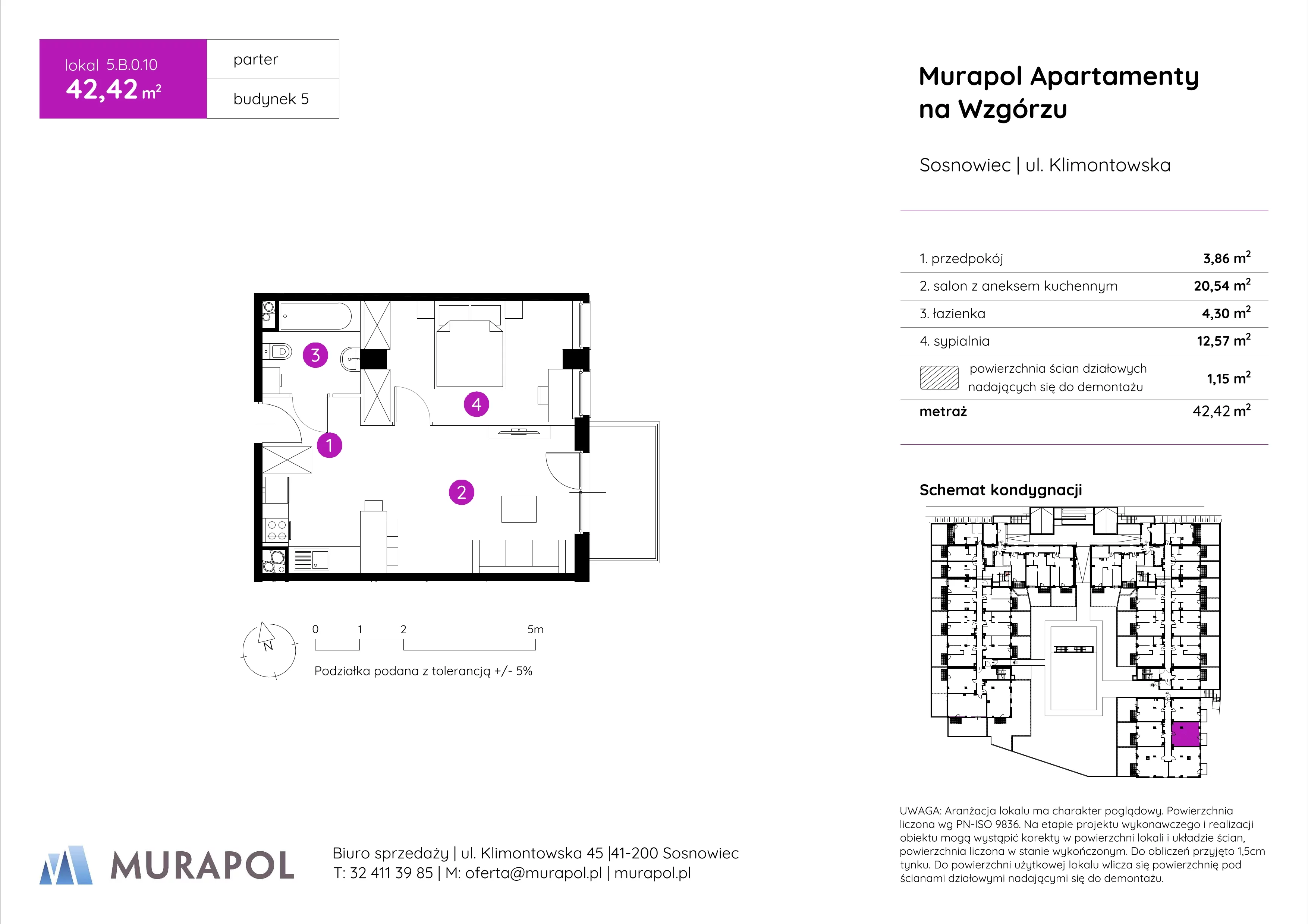 2 pokoje, mieszkanie 42,42 m², parter, oferta nr 5.B.0.10, Murapol Apartamenty Na Wzgórzu, Sosnowiec, Klimontów, ul. Klimontowska 45