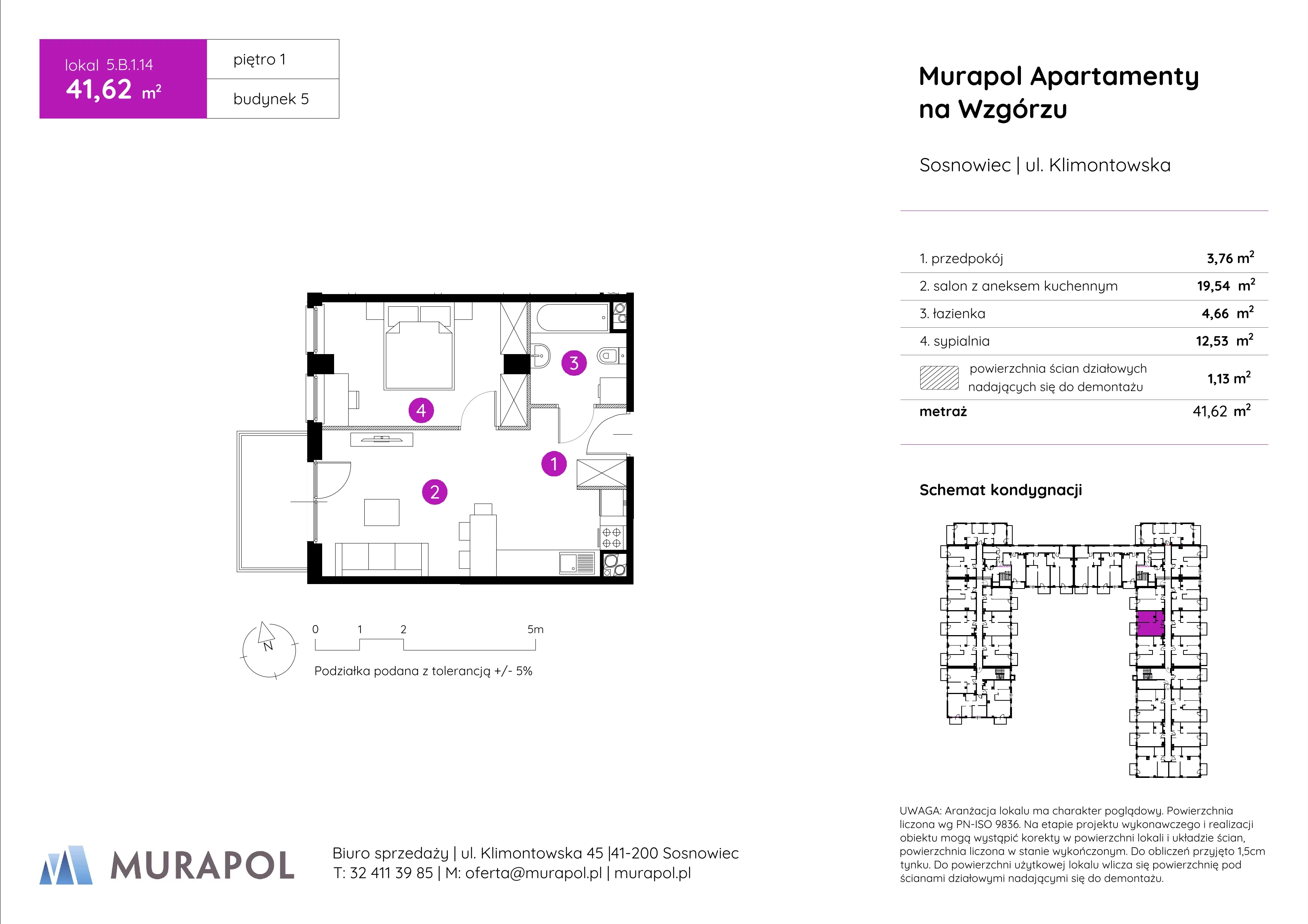 2 pokoje, mieszkanie 41,62 m², piętro 1, oferta nr 5.B.1.14, Murapol Apartamenty Na Wzgórzu, Sosnowiec, Klimontów, ul. Klimontowska 45
