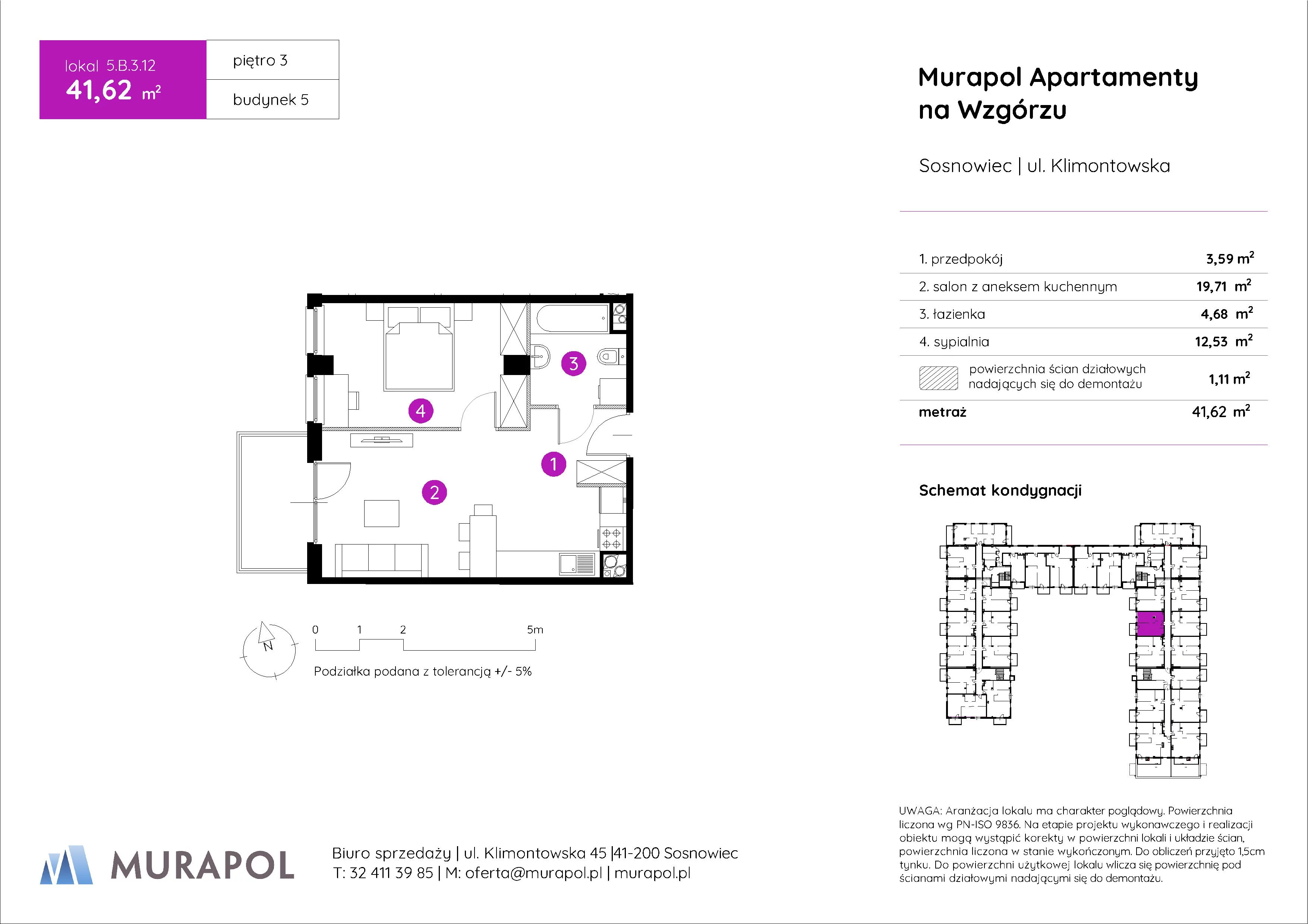 2 pokoje, mieszkanie 41,62 m², piętro 3, oferta nr 5.B.3.12, Murapol Apartamenty Na Wzgórzu, Sosnowiec, Klimontów, ul. Klimontowska 45
