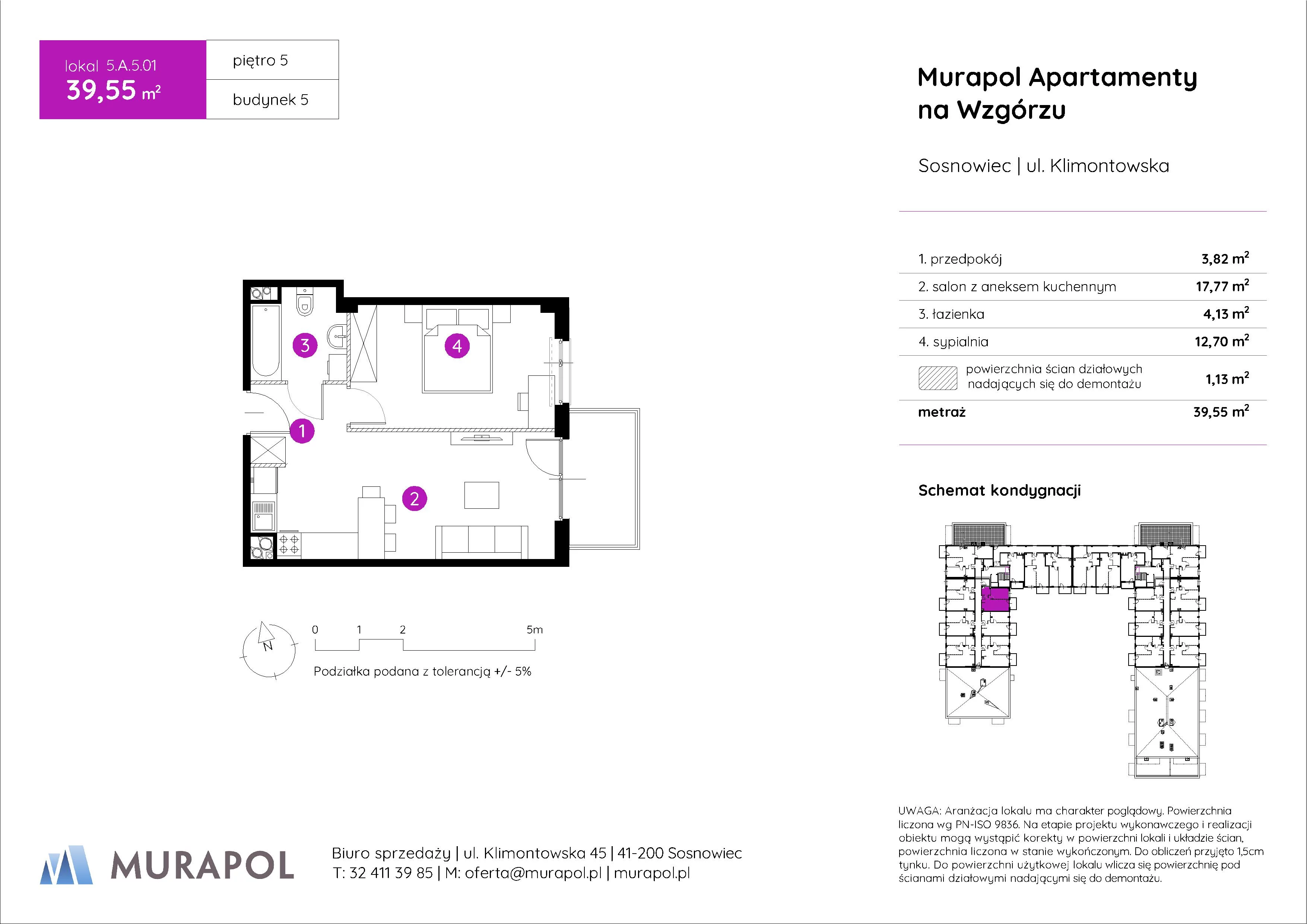 2 pokoje, mieszkanie 39,55 m², piętro 5, oferta nr 5.A.5.01, Murapol Apartamenty Na Wzgórzu, Sosnowiec, Klimontów, ul. Klimontowska 45