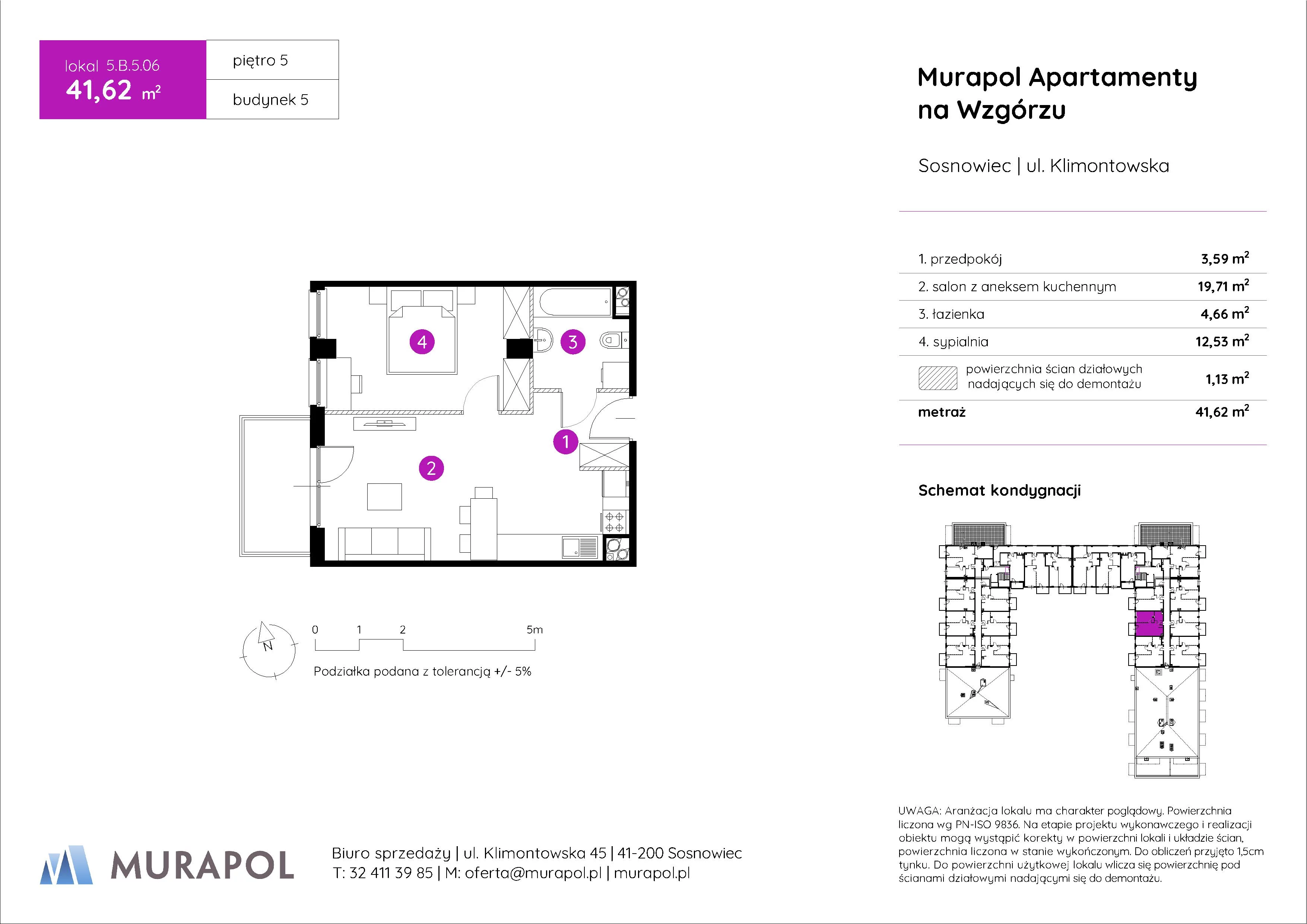 2 pokoje, mieszkanie 41,62 m², piętro 5, oferta nr 5.B.5.06, Murapol Apartamenty Na Wzgórzu, Sosnowiec, Klimontów, ul. Klimontowska 45