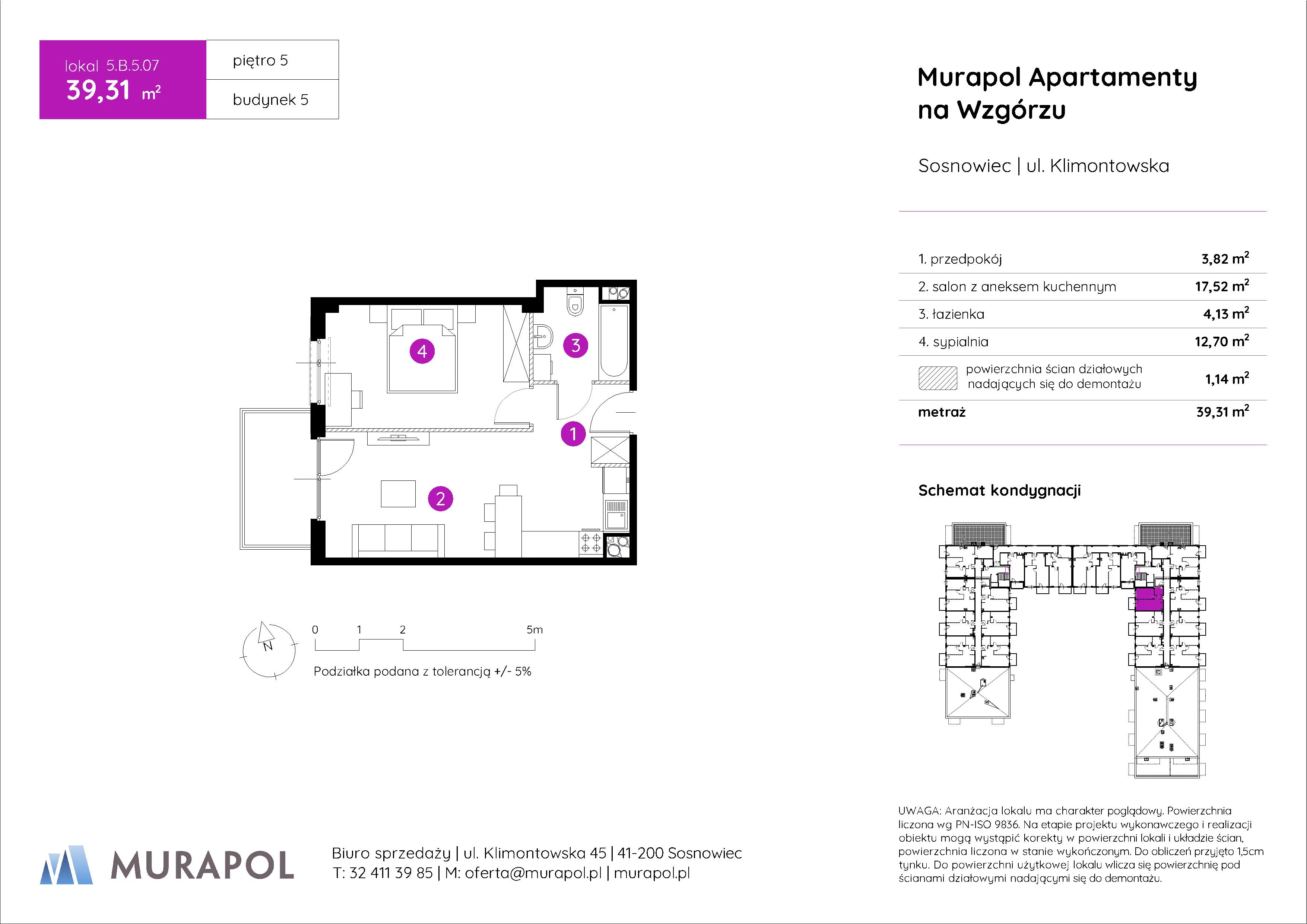 2 pokoje, mieszkanie 39,31 m², piętro 5, oferta nr 5.B.5.07, Murapol Apartamenty Na Wzgórzu, Sosnowiec, Klimontów, ul. Klimontowska 45