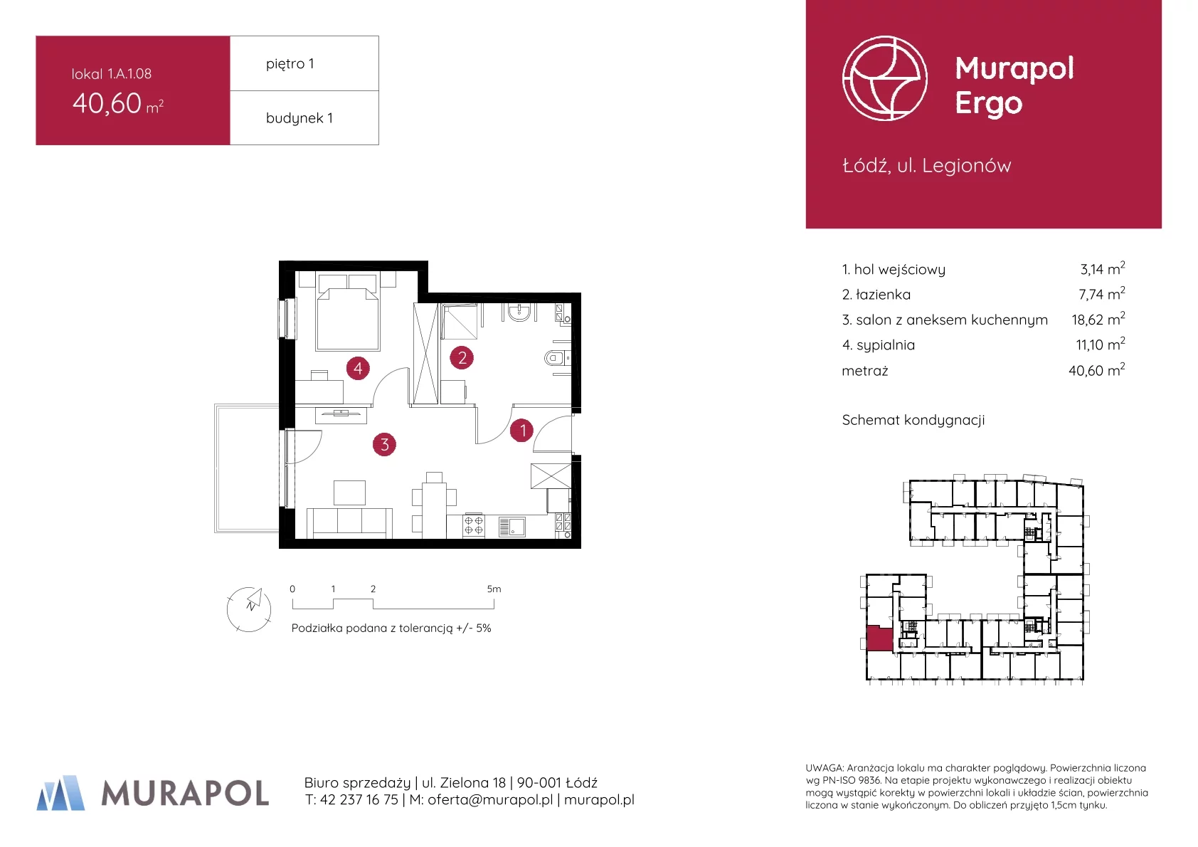 2 pokoje, mieszkanie 40,60 m², piętro 1, oferta nr 1.A.1.08, Murapol Ergo, Łódź, Polesie, Stare Polesie, ul. Legionów