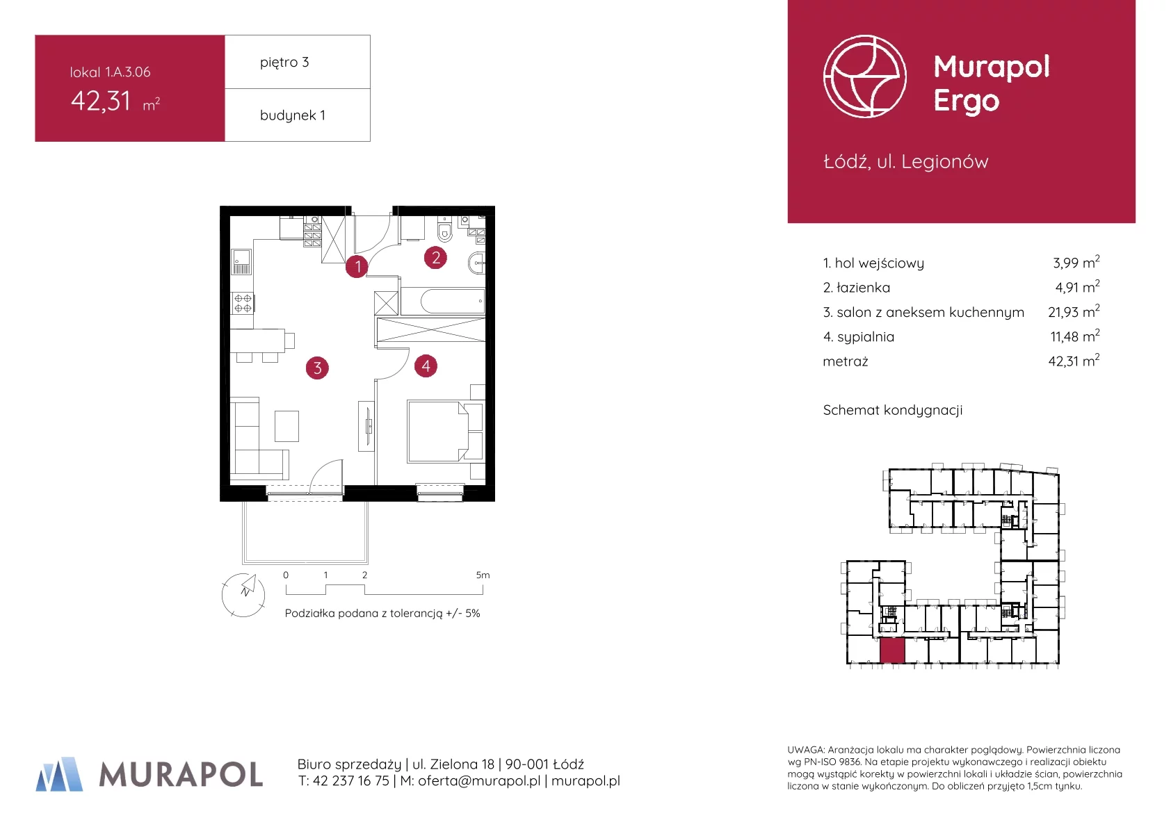 2 pokoje, mieszkanie 42,31 m², piętro 3, oferta nr 1.A.3.06, Murapol Ergo, Łódź, Polesie, Stare Polesie, ul. Legionów