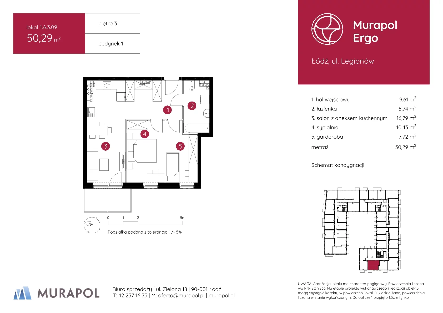 2 pokoje, mieszkanie 50,29 m², piętro 3, oferta nr 1.A.3.09, Murapol Ergo, Łódź, Polesie, Stare Polesie, ul. Legionów