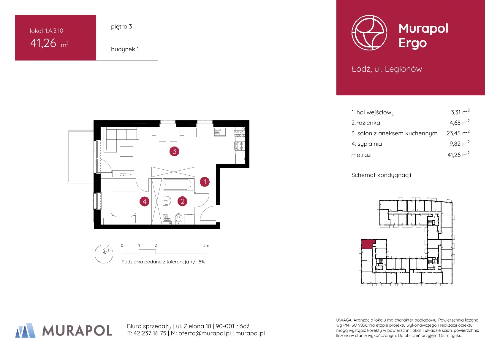 2 pokoje, mieszkanie 41,26 m², piętro 3, oferta nr 1.A.3.10, Murapol Ergo, Łódź, Polesie, Stare Polesie, ul. Legionów