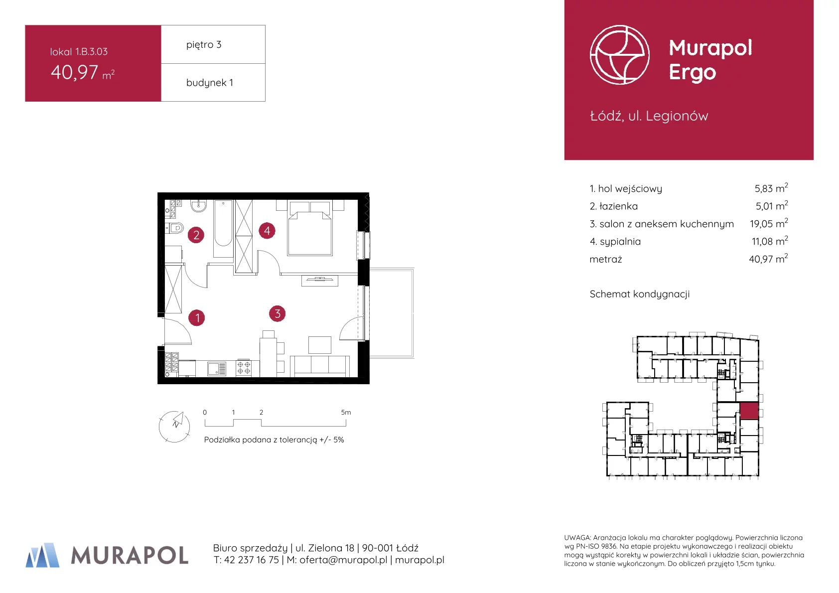2 pokoje, mieszkanie 40,97 m², piętro 3, oferta nr 1.B.3.03, Murapol Ergo, Łódź, Polesie, Stare Polesie, ul. Legionów