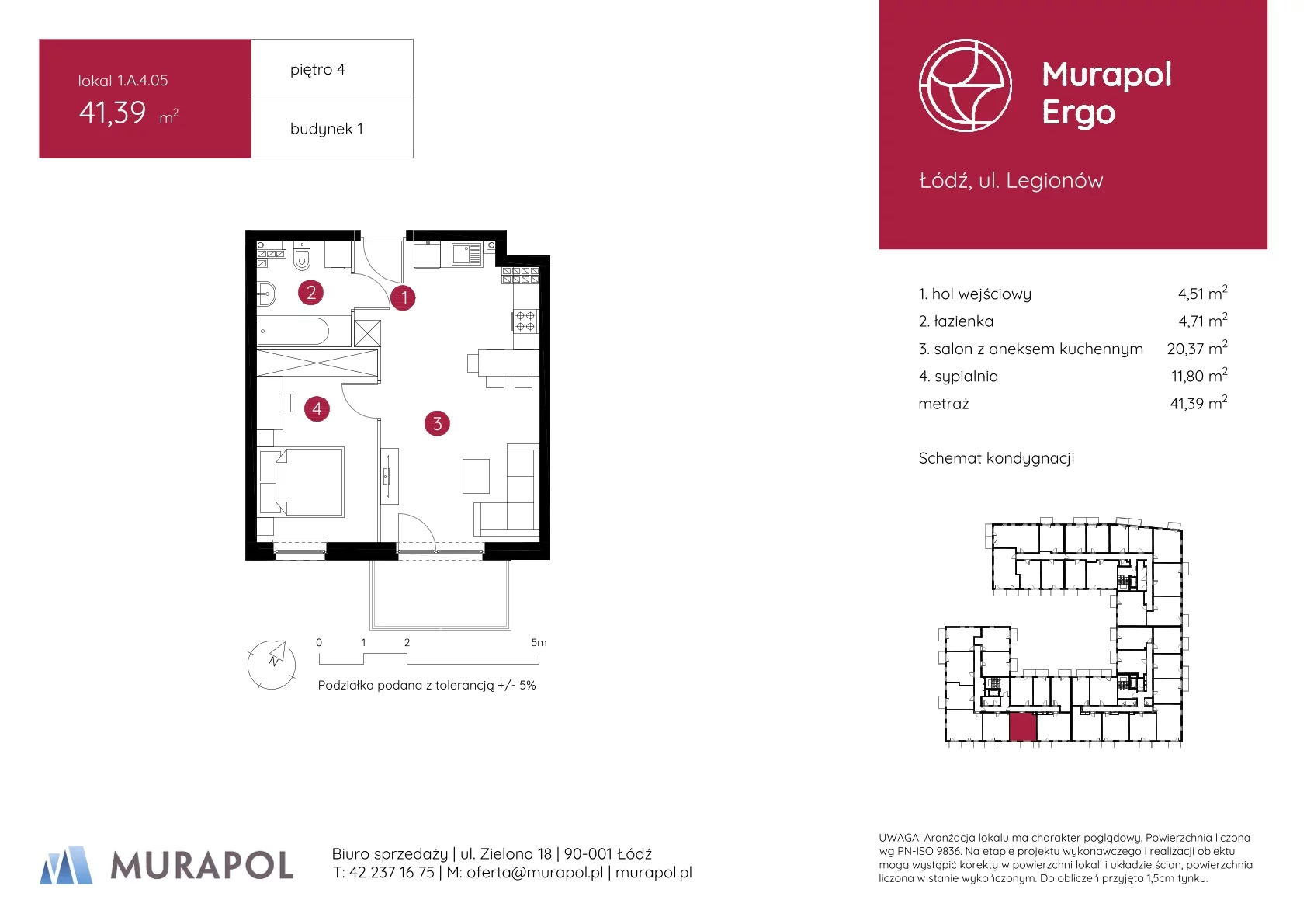 2 pokoje, mieszkanie 41,39 m², piętro 4, oferta nr 1.A.4.05, Murapol Ergo, Łódź, Polesie, Stare Polesie, ul. Legionów