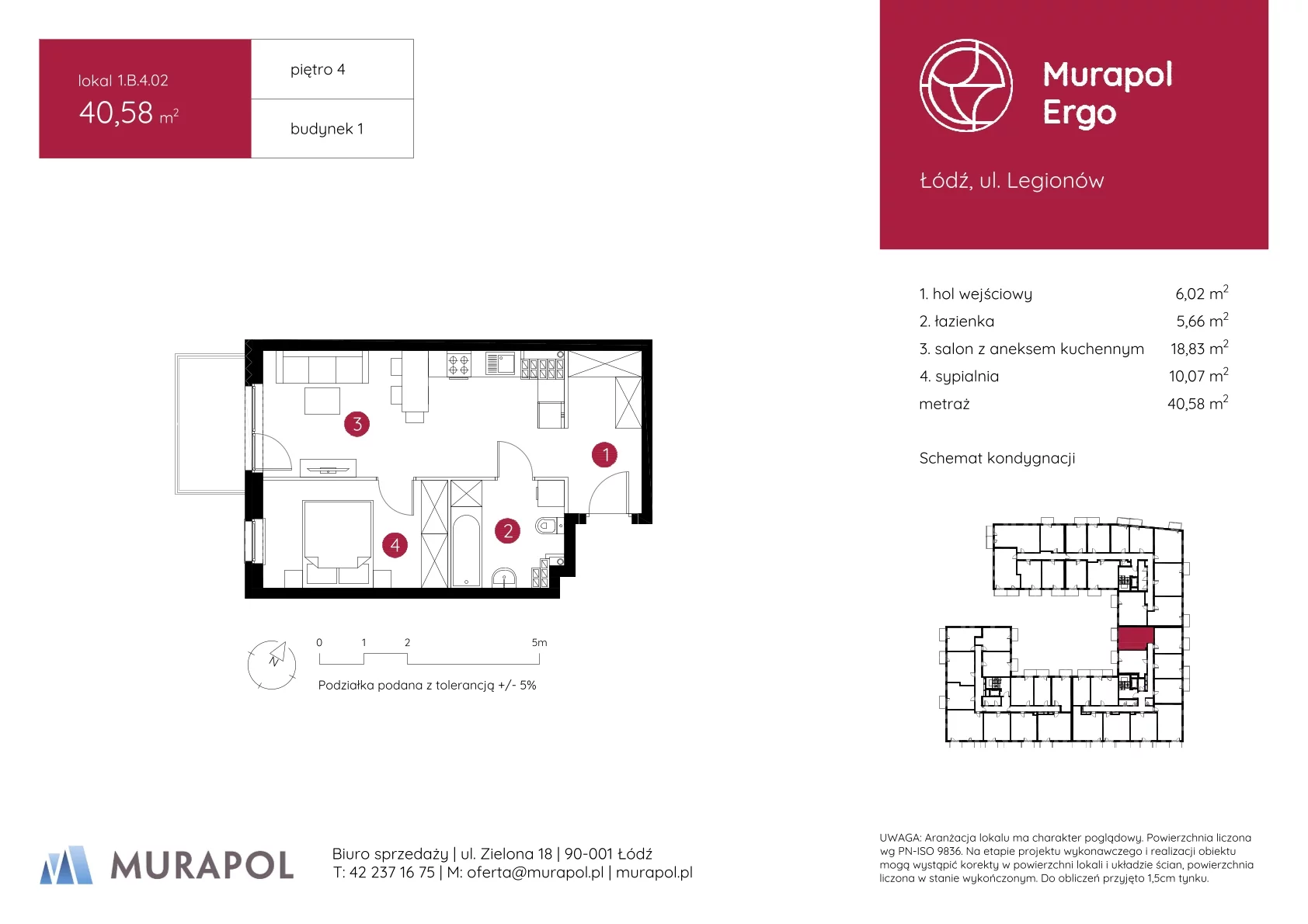 2 pokoje, mieszkanie 40,58 m², piętro 4, oferta nr 1.B.4.02, Murapol Ergo, Łódź, Polesie, Stare Polesie, ul. Legionów