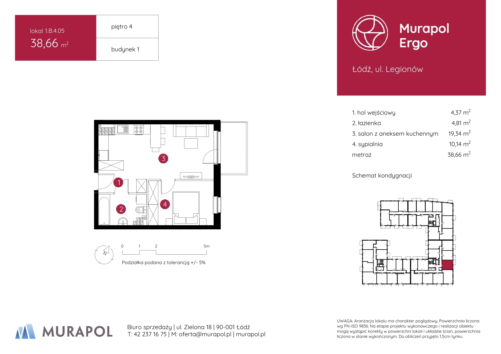 2 pokoje, mieszkanie 38,66 m², piętro 4, oferta nr 1.B.4.05, Murapol Ergo, Łódź, Polesie, Stare Polesie, ul. Legionów