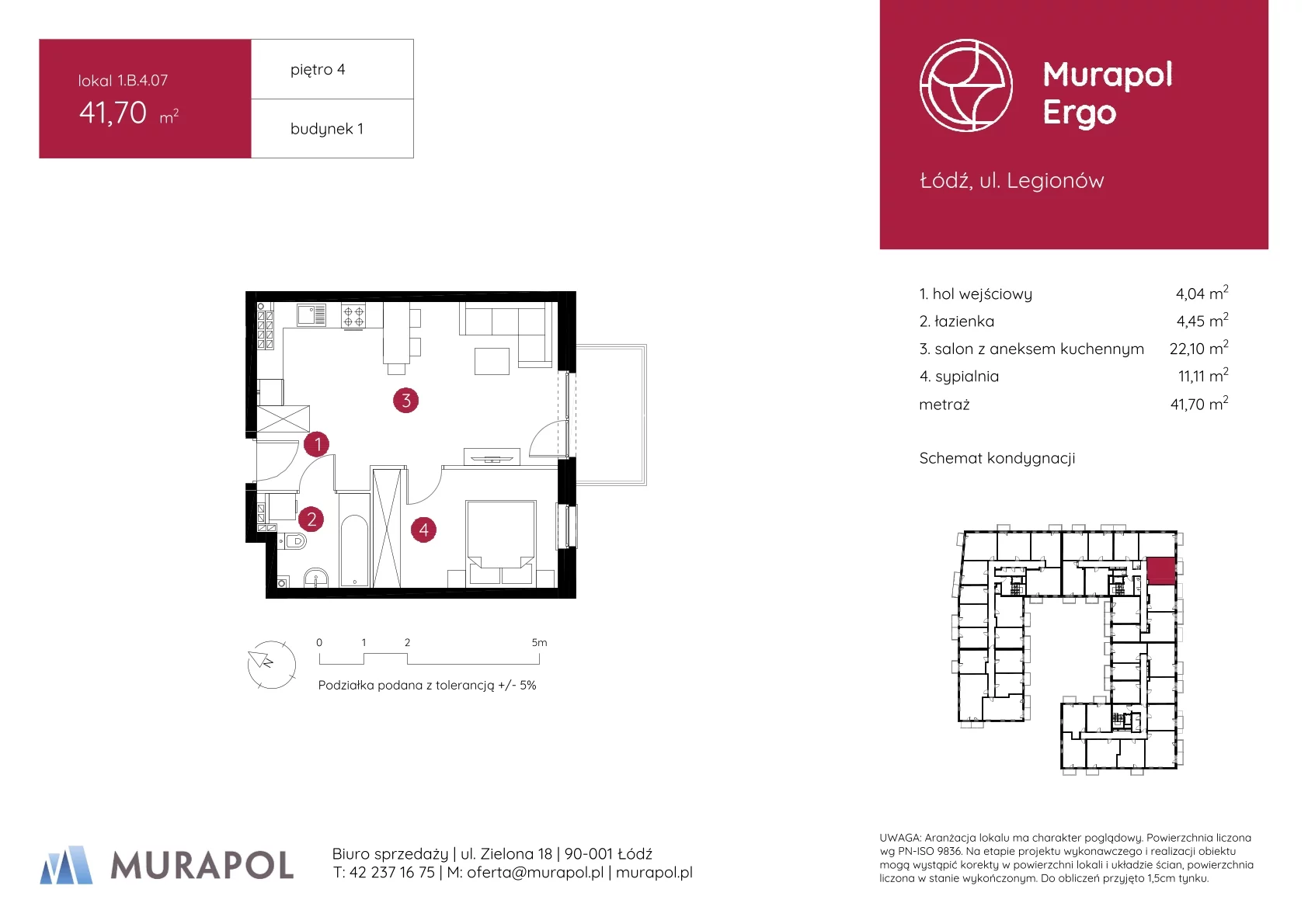 2 pokoje, mieszkanie 41,70 m², piętro 4, oferta nr 1.B.4.07, Murapol Ergo, Łódź, Polesie, Stare Polesie, ul. Legionów