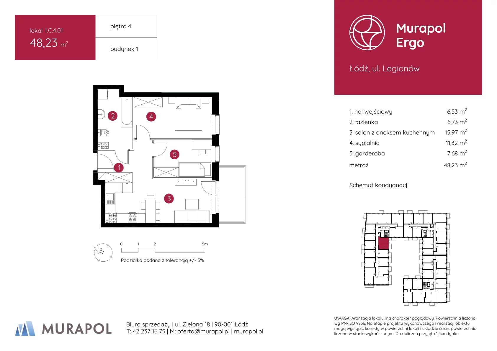 2 pokoje, mieszkanie 48,23 m², piętro 4, oferta nr 1.C.4.01, Murapol Ergo, Łódź, Polesie, Stare Polesie, ul. Legionów