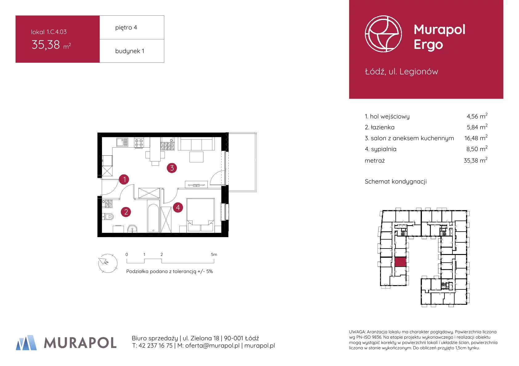 2 pokoje, mieszkanie 35,38 m², piętro 4, oferta nr 1.C.4.03, Murapol Ergo, Łódź, Polesie, Stare Polesie, ul. Legionów