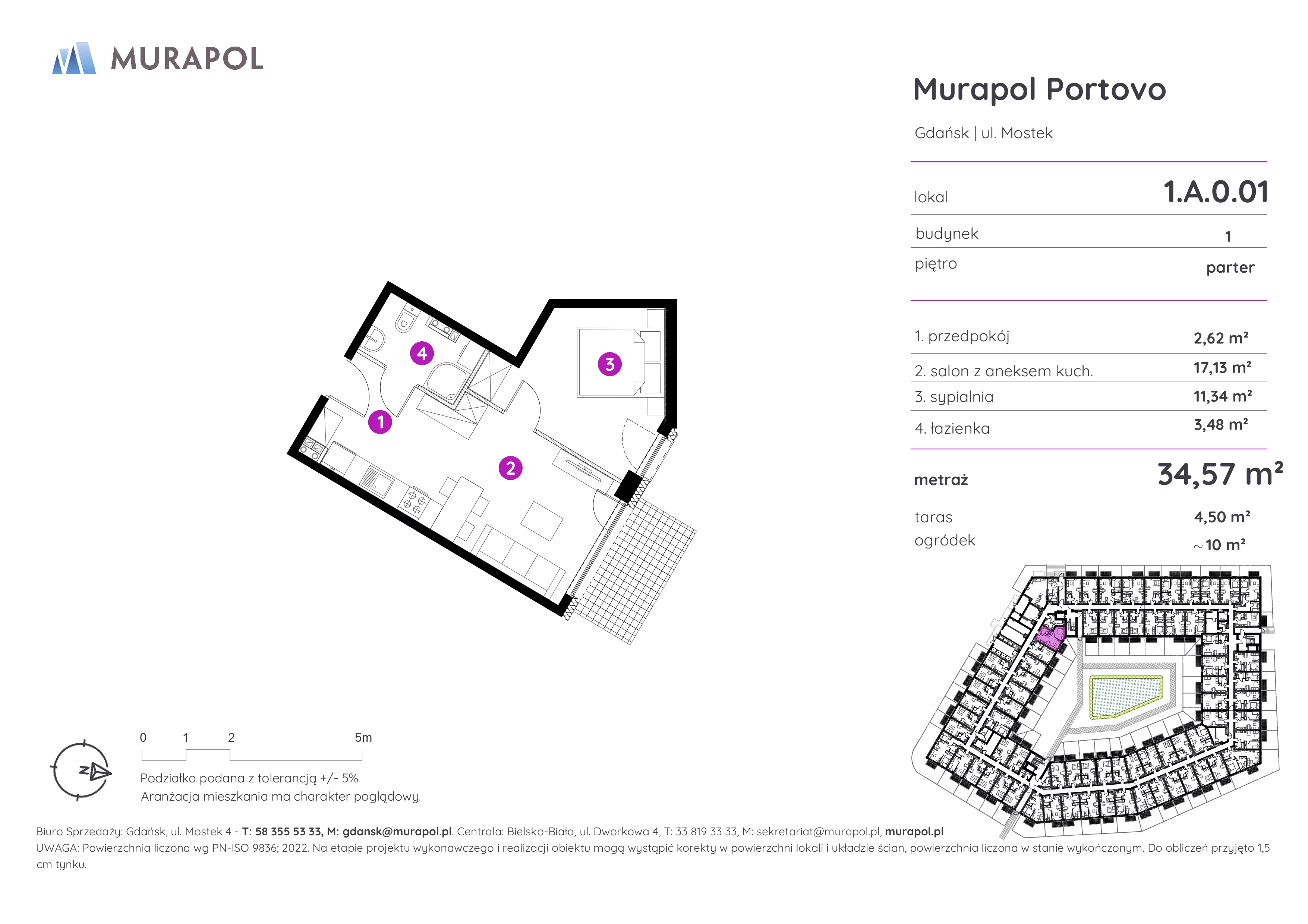 2 pokoje, apartament inwestycyjny 34,57 m², parter, oferta nr 1.A.0.01, Murapol Portovo, Gdańsk, Śródmieście, ul. Mostek