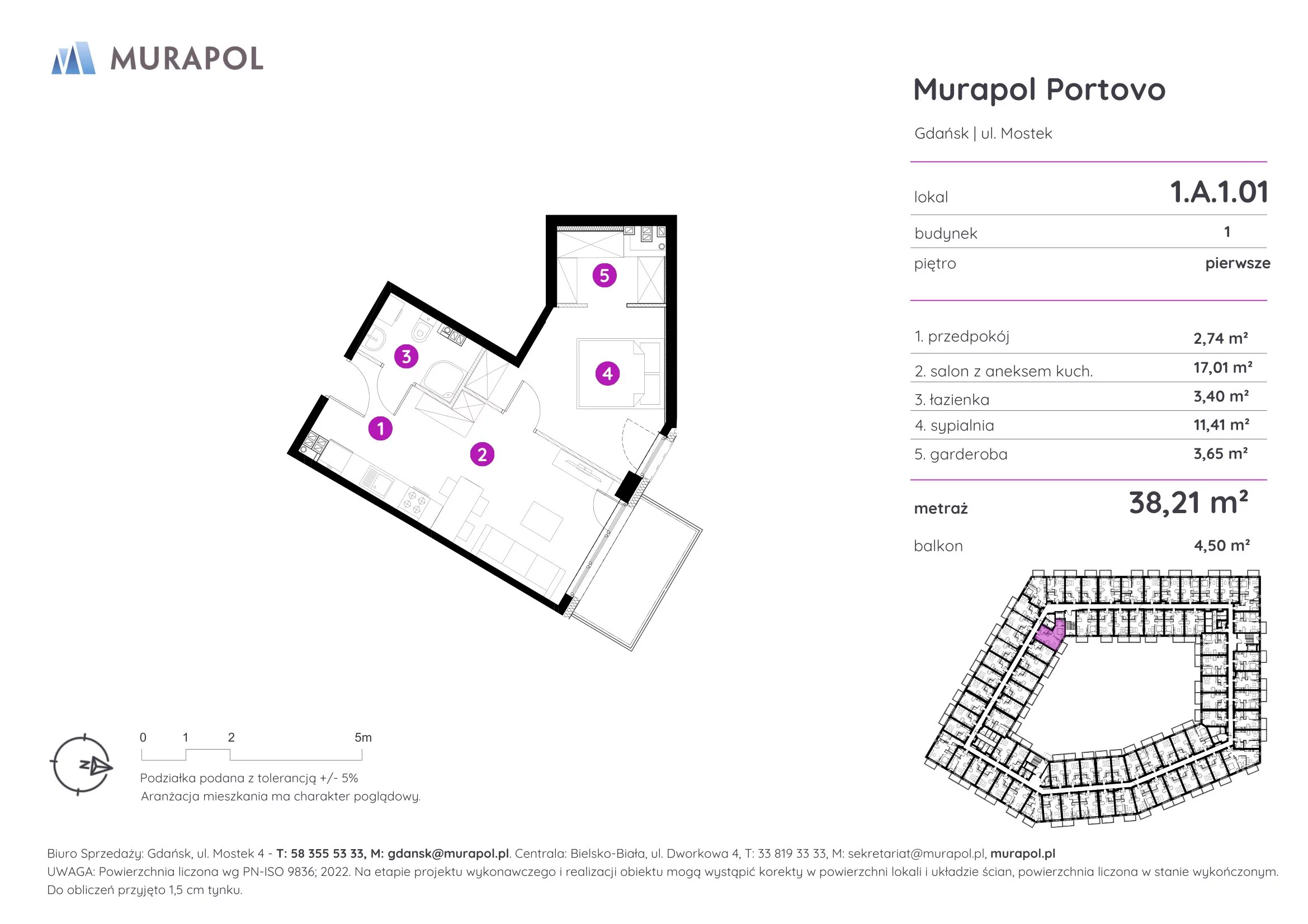 2 pokoje, apartament inwestycyjny 38,21 m², piętro 1, oferta nr 1.A.1.01, Murapol Portovo, Gdańsk, Śródmieście, ul. Mostek