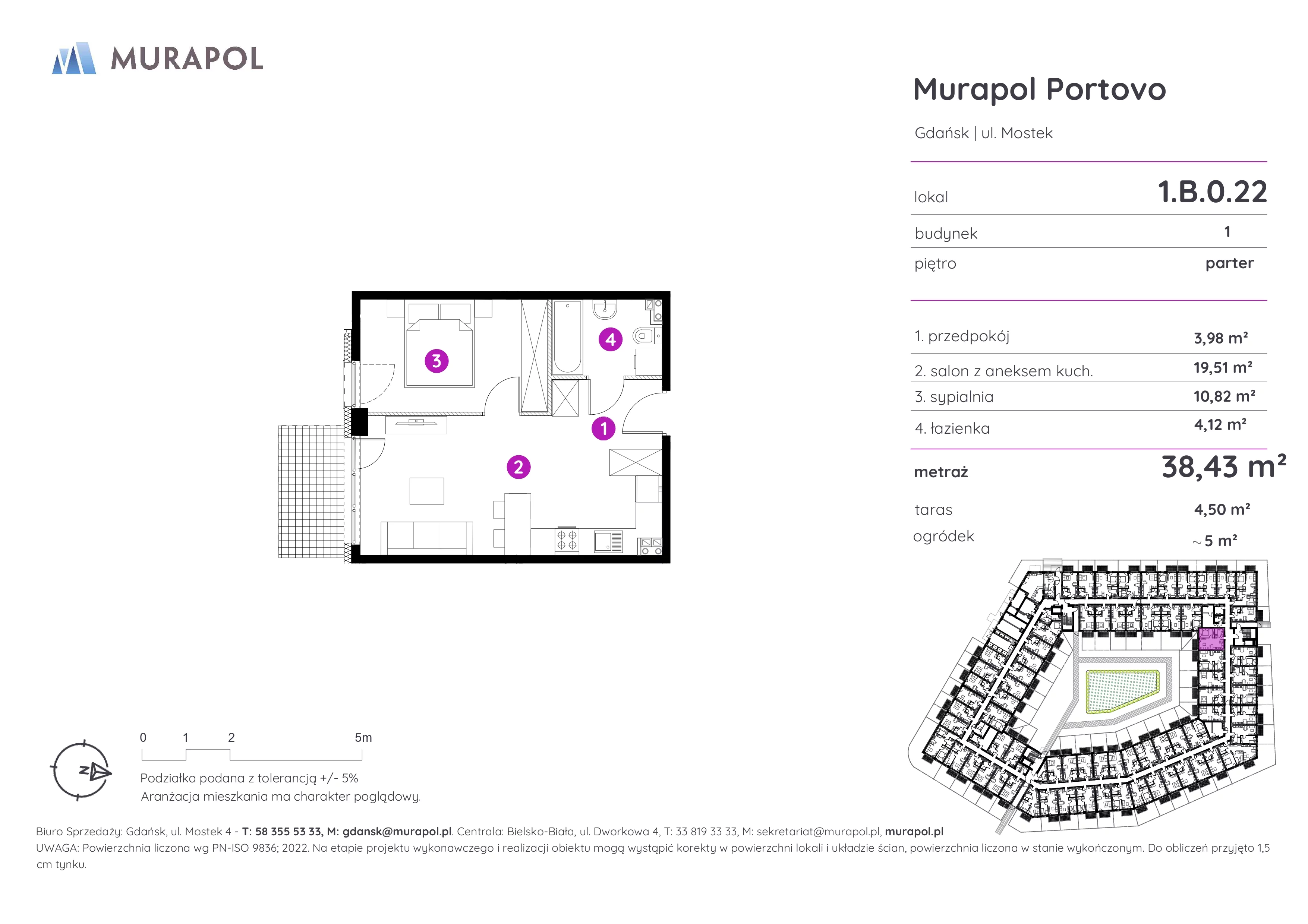 2 pokoje, apartament inwestycyjny 38,43 m², parter, oferta nr 1.B.0.22, Murapol Portovo, Gdańsk, Śródmieście, ul. Mostek