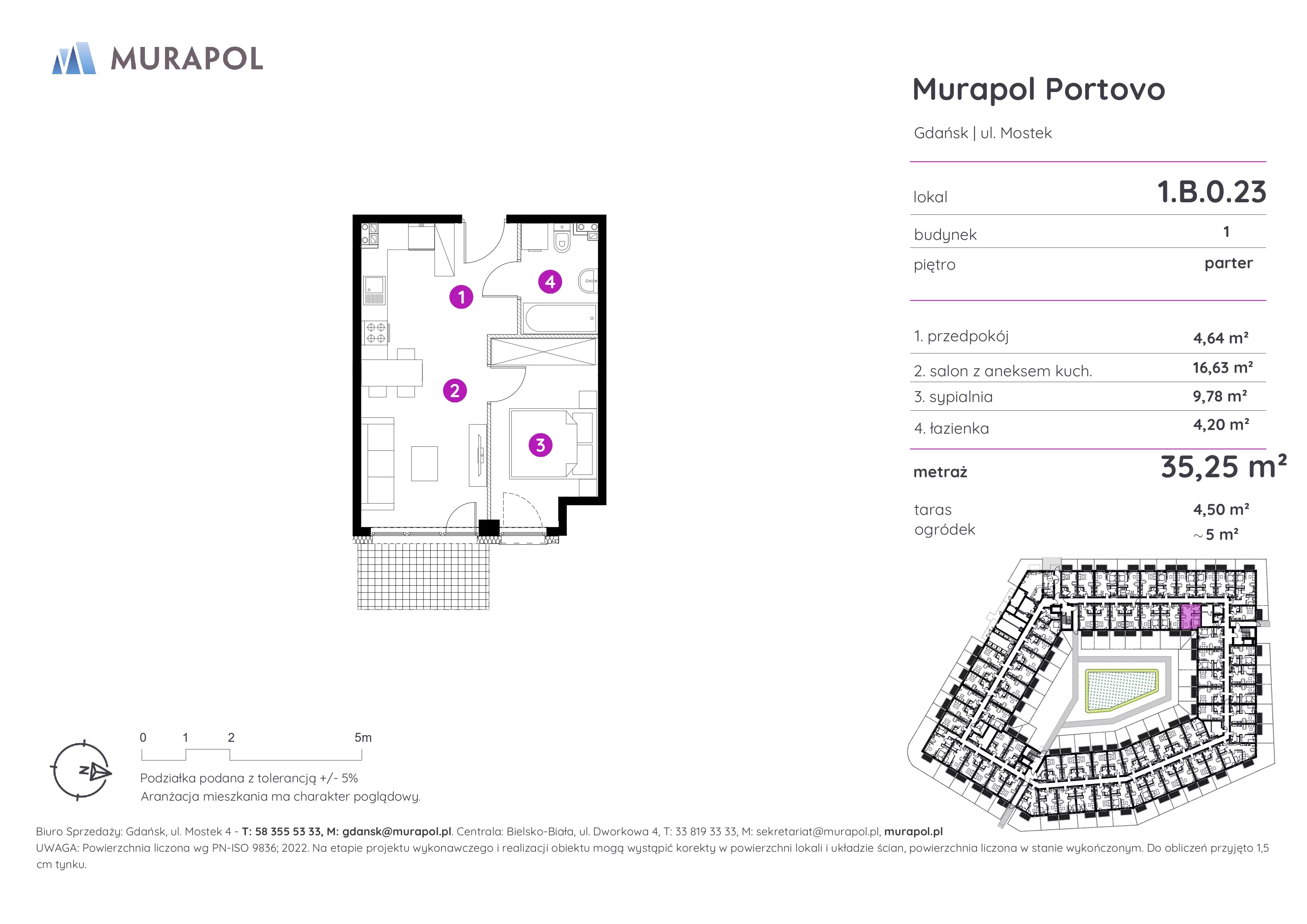2 pokoje, apartament inwestycyjny 35,25 m², parter, oferta nr 1.B.0.23, Murapol Portovo, Gdańsk, Śródmieście, ul. Mostek