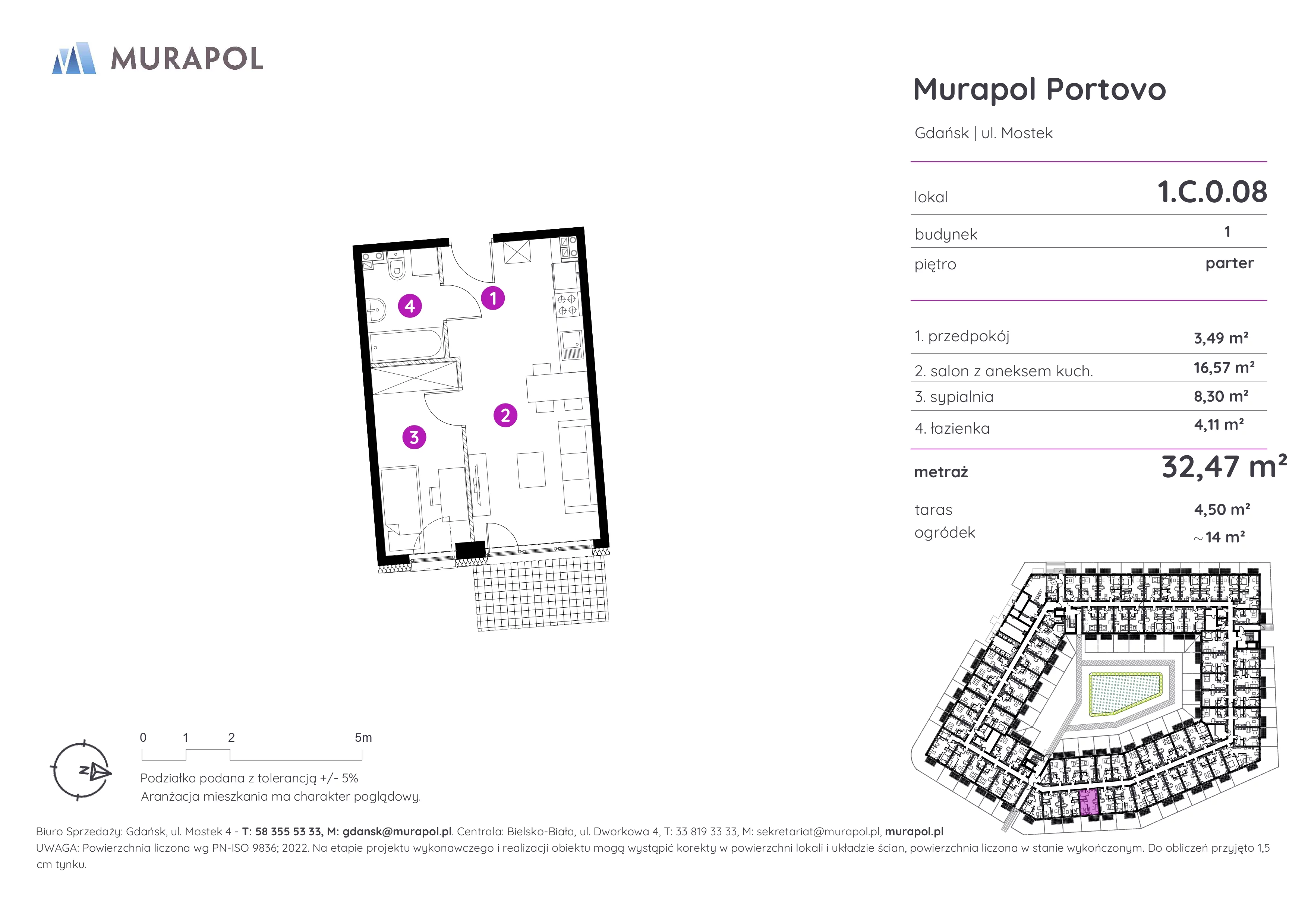 2 pokoje, apartament inwestycyjny 32,47 m², parter, oferta nr 1.C.0.08, Murapol Portovo, Gdańsk, Śródmieście, ul. Mostek
