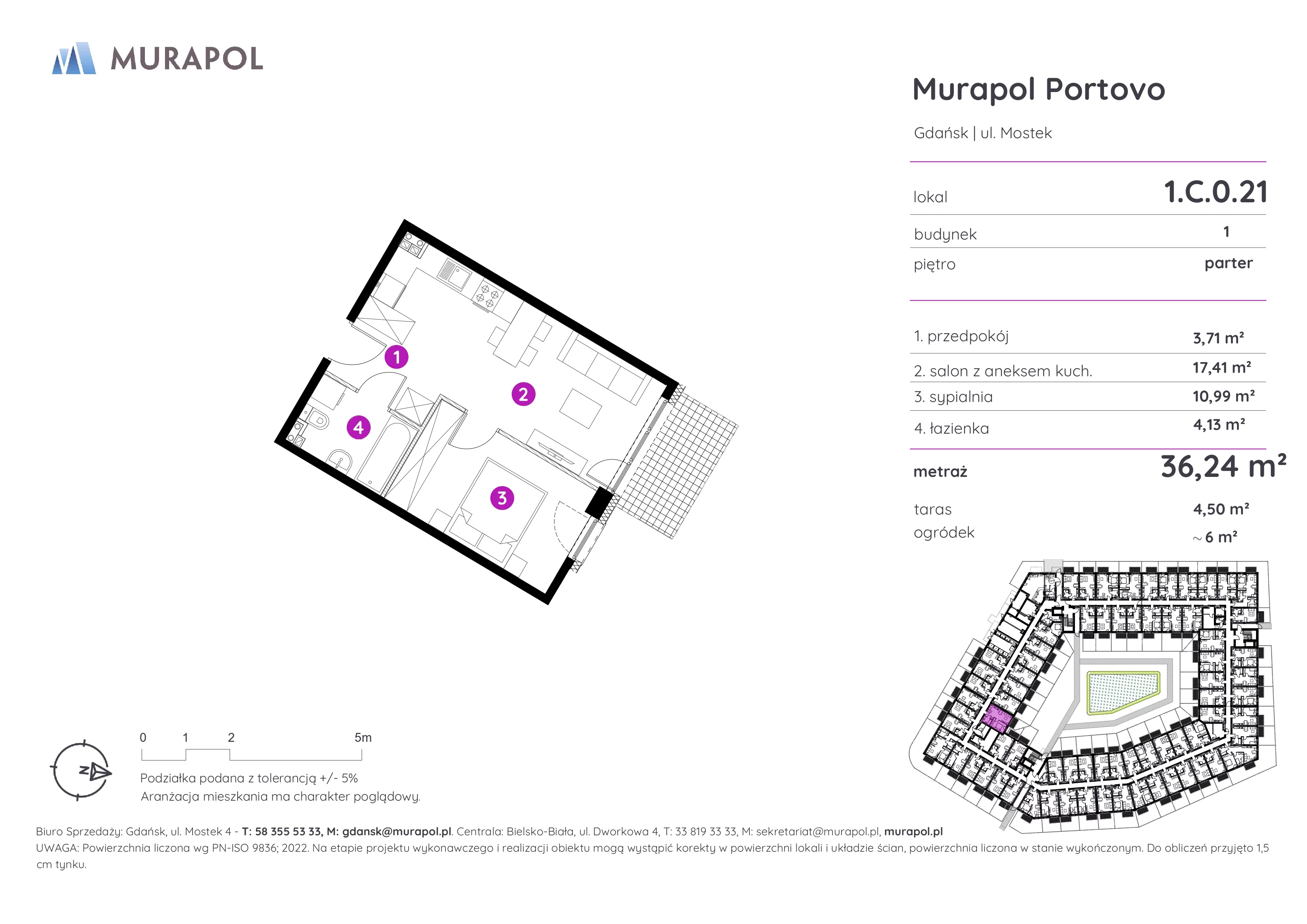 2 pokoje, apartament inwestycyjny 36,24 m², parter, oferta nr 1.C.0.21, Murapol Portovo, Gdańsk, Śródmieście, ul. Mostek