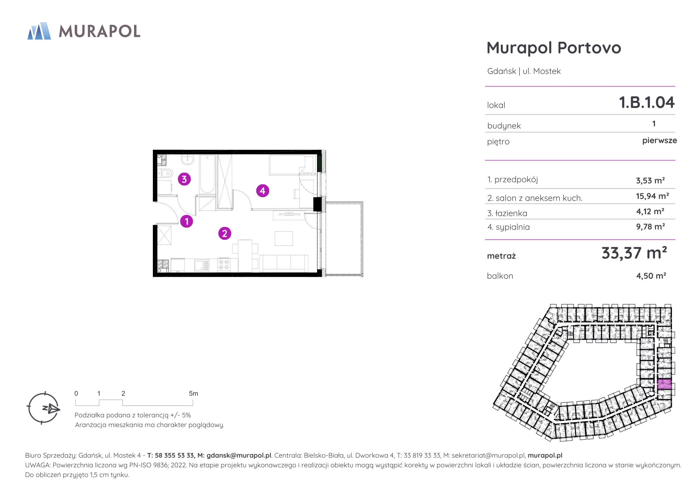 2 pokoje, apartament inwestycyjny 33,37 m², piętro 1, oferta nr 1.B.1.04, Murapol Portovo, Gdańsk, Śródmieście, ul. Mostek