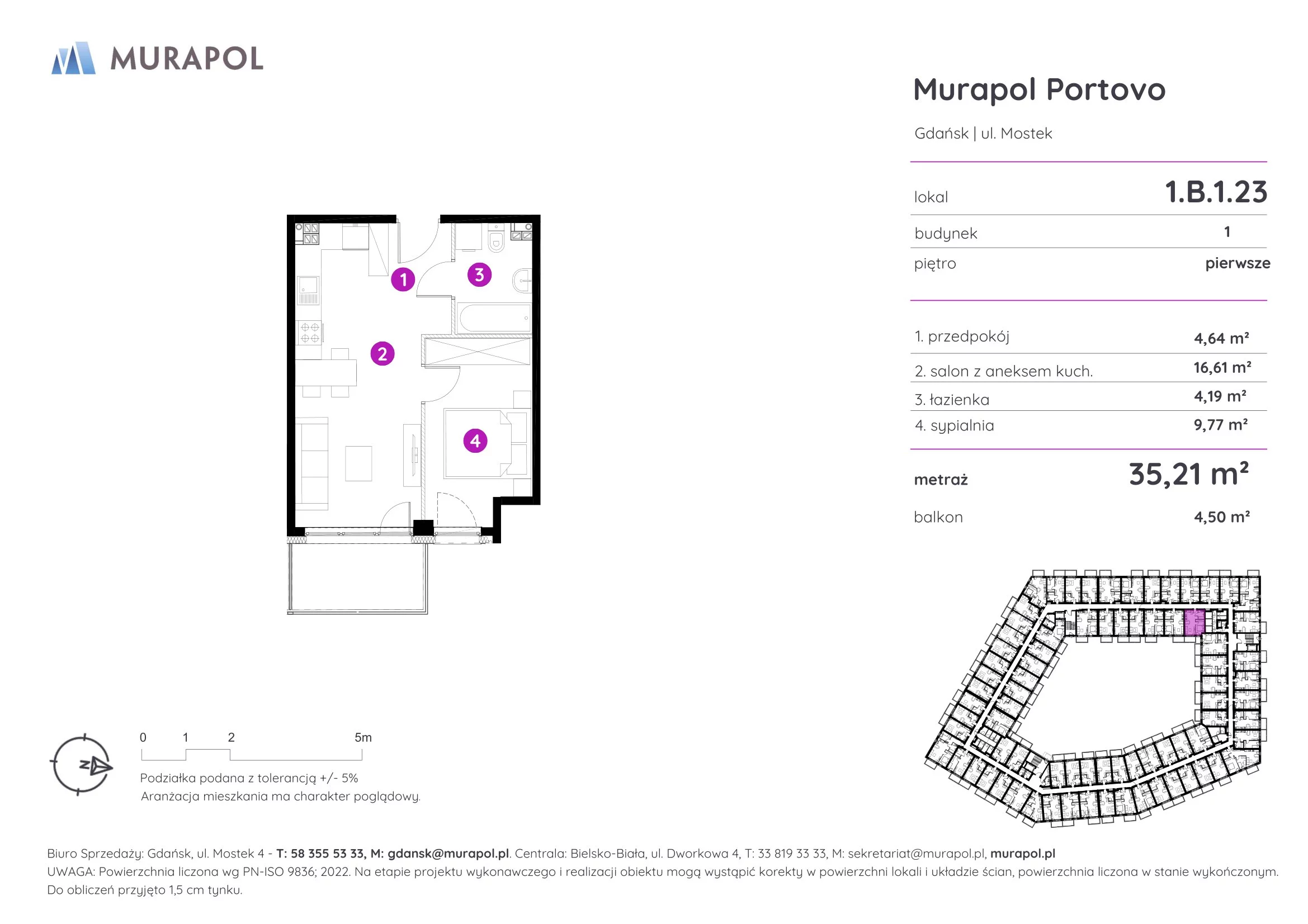 2 pokoje, apartament inwestycyjny 35,21 m², piętro 1, oferta nr 1.B.1.23, Murapol Portovo, Gdańsk, Śródmieście, ul. Mostek