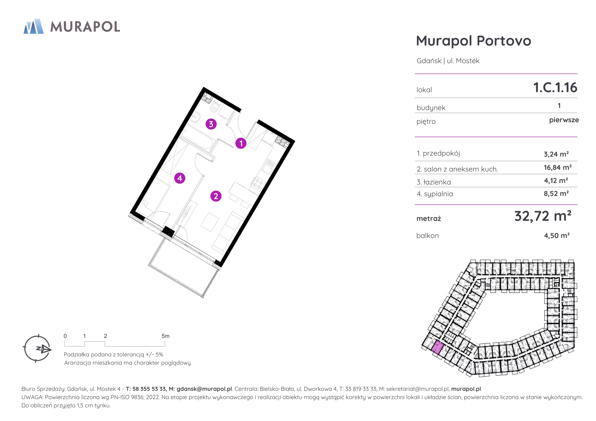 2 pokoje, apartament inwestycyjny 32,72 m², piętro 1, oferta nr 1.C.1.16, Murapol Portovo, Gdańsk, Śródmieście, ul. Mostek