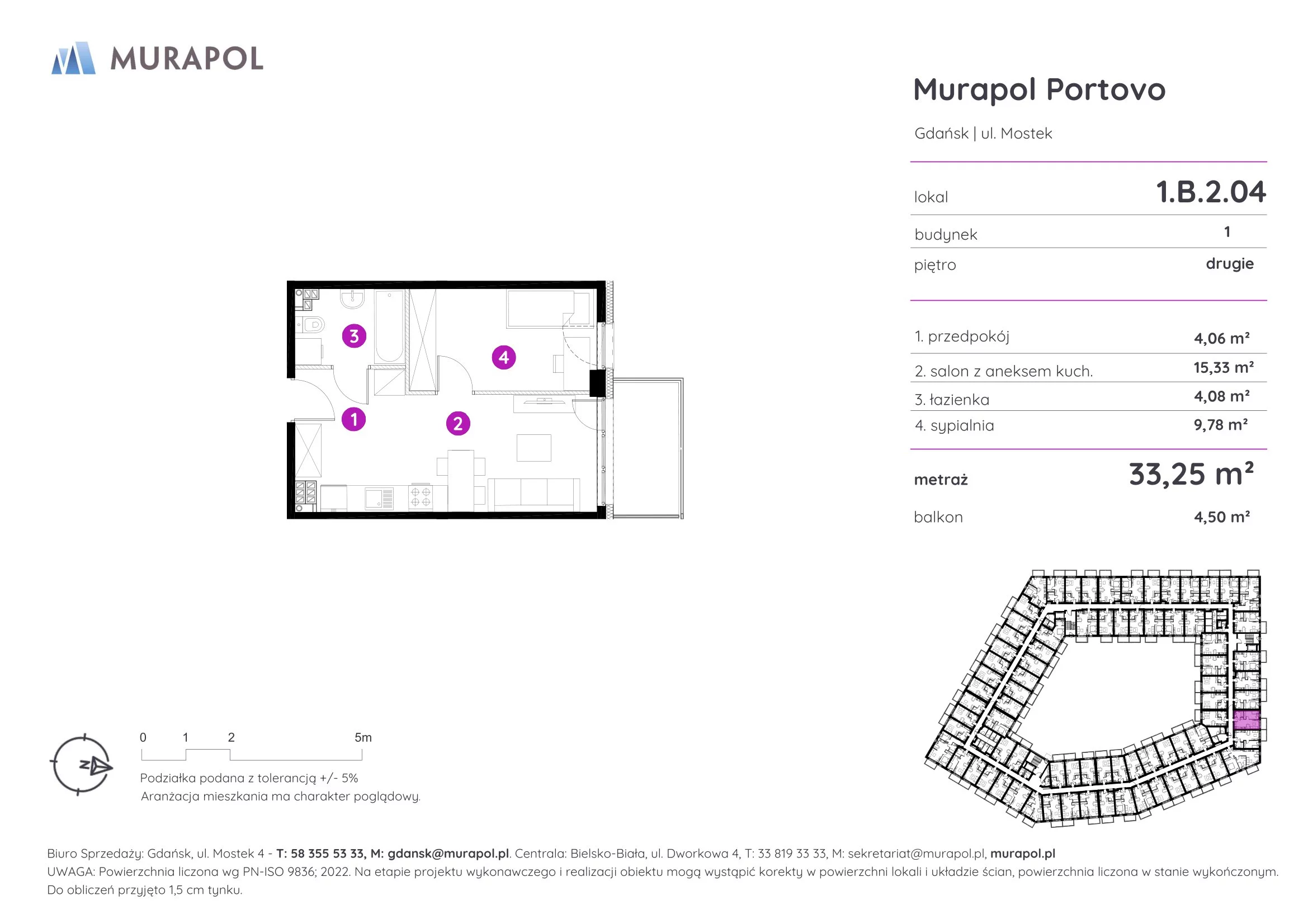2 pokoje, apartament inwestycyjny 33,25 m², piętro 2, oferta nr 1.B.2.04, Murapol Portovo, Gdańsk, Śródmieście, ul. Mostek